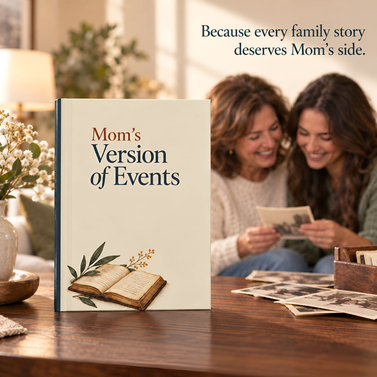A hardcover journal titled "Mom's Version of Events" stands on a wooden table in a warm, cozy living room setting. In the background, a woman giving a journal gift to mom.
