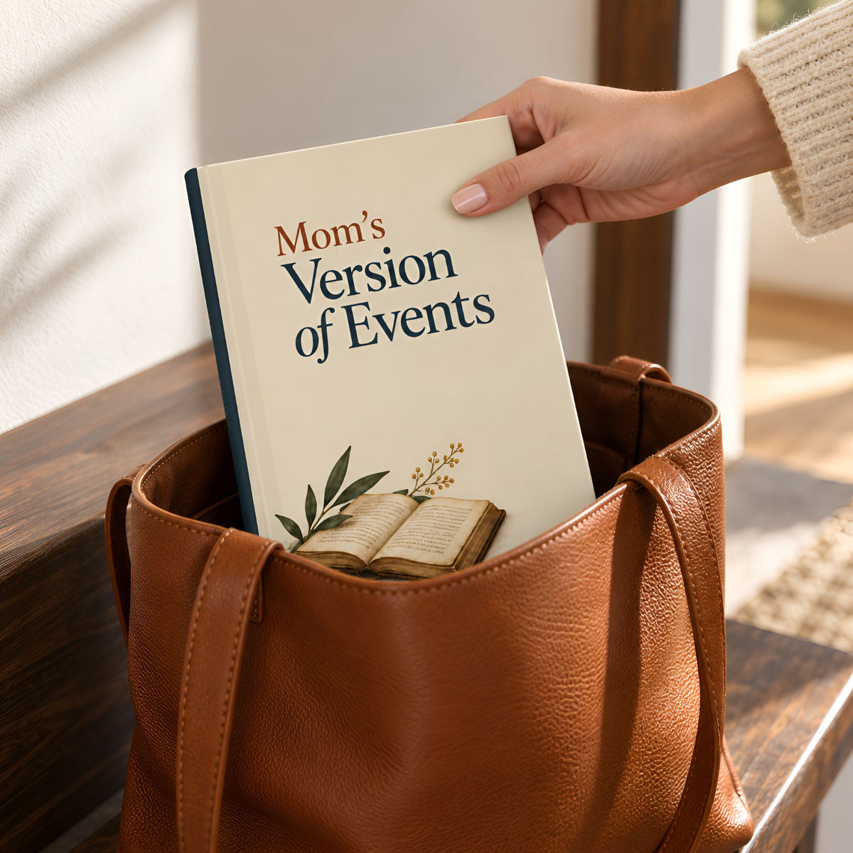 A hand placing a notebook titled "Mom's Version of Events" into a brown leather tote bag on a wooden bench in a sunlit indoor setting.