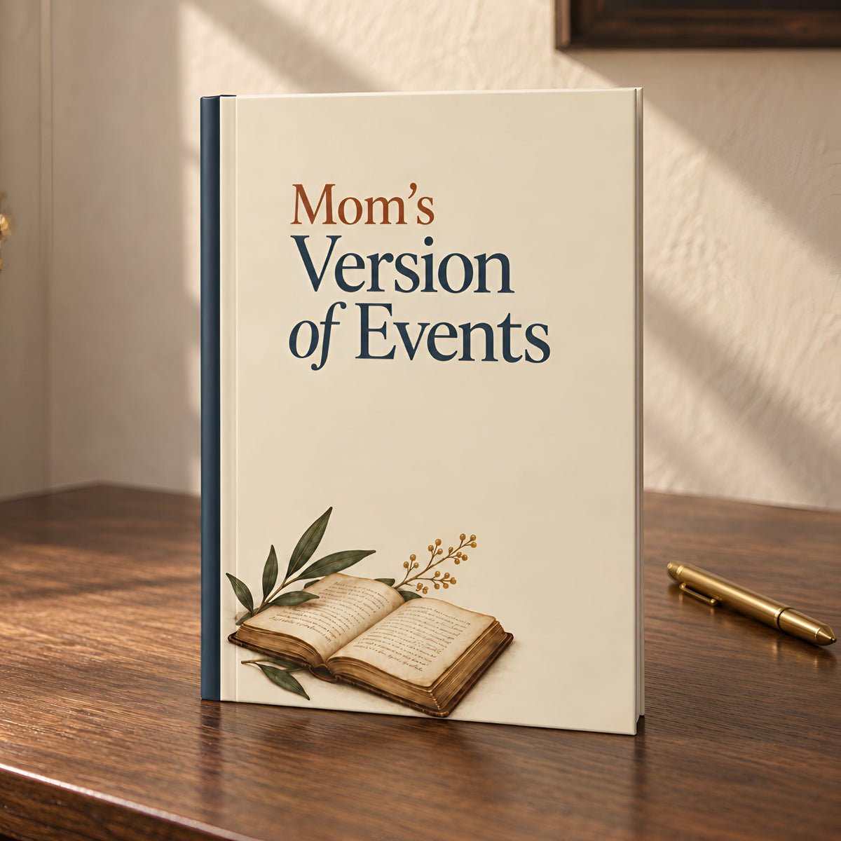 A hardcover writing journal titled "Mom's Version of Events" stands upright on a wooden table. The cover is cream with dark blue and brown lettering, plus an illustration of an open book and leaves near the bottom.