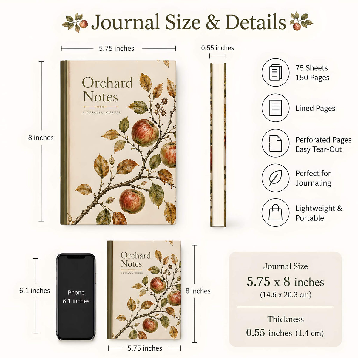 Product information graphic for the Orchard Notes journal, showing the notebook cover, spine, dimensions, page count, and features on a light beige background.