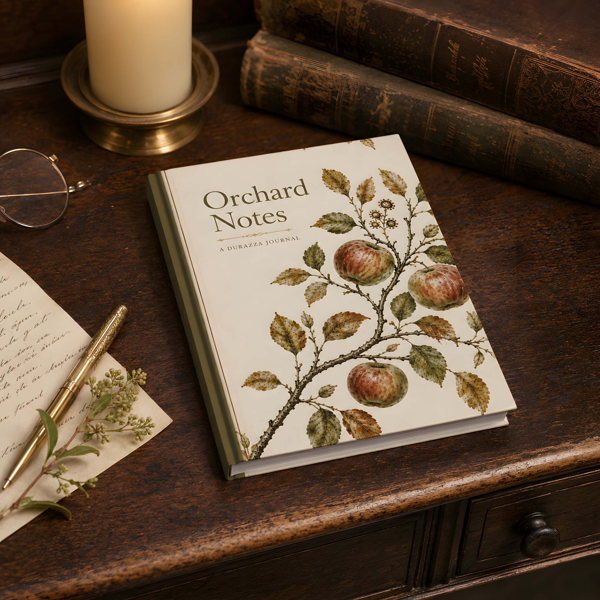 An Autumn hardcover journal titled "Orchard Notes" with a vintage-style apple illustration on the cover, styled on a dark wooden desk with a candle, glasses, pen, and old books.