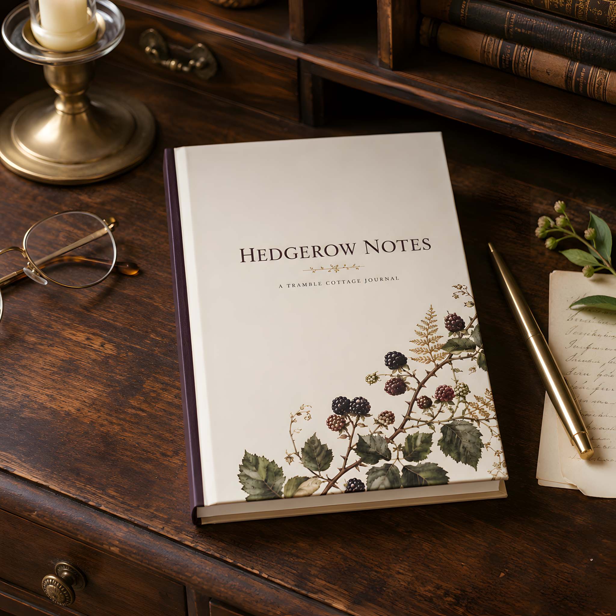 Cream blackberry botanical journal on a dark wooden writing desk beside reading glasses, a brass pen, candle, vintage books, and handwritten papers.