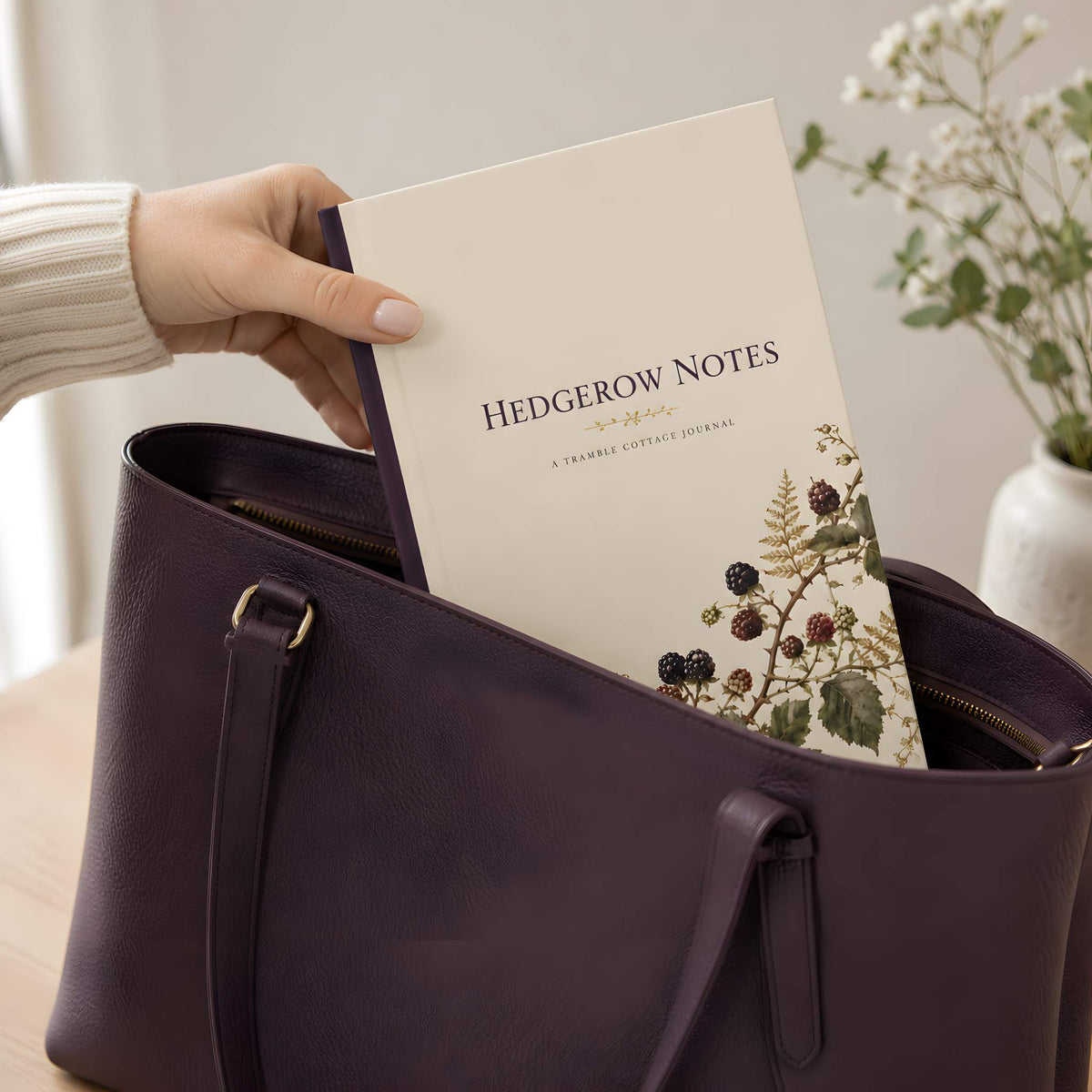 Hand placing a cream blackberry hardcover journal into a deep plum tote bag, showing its portable 5.75 by 8-inch size.