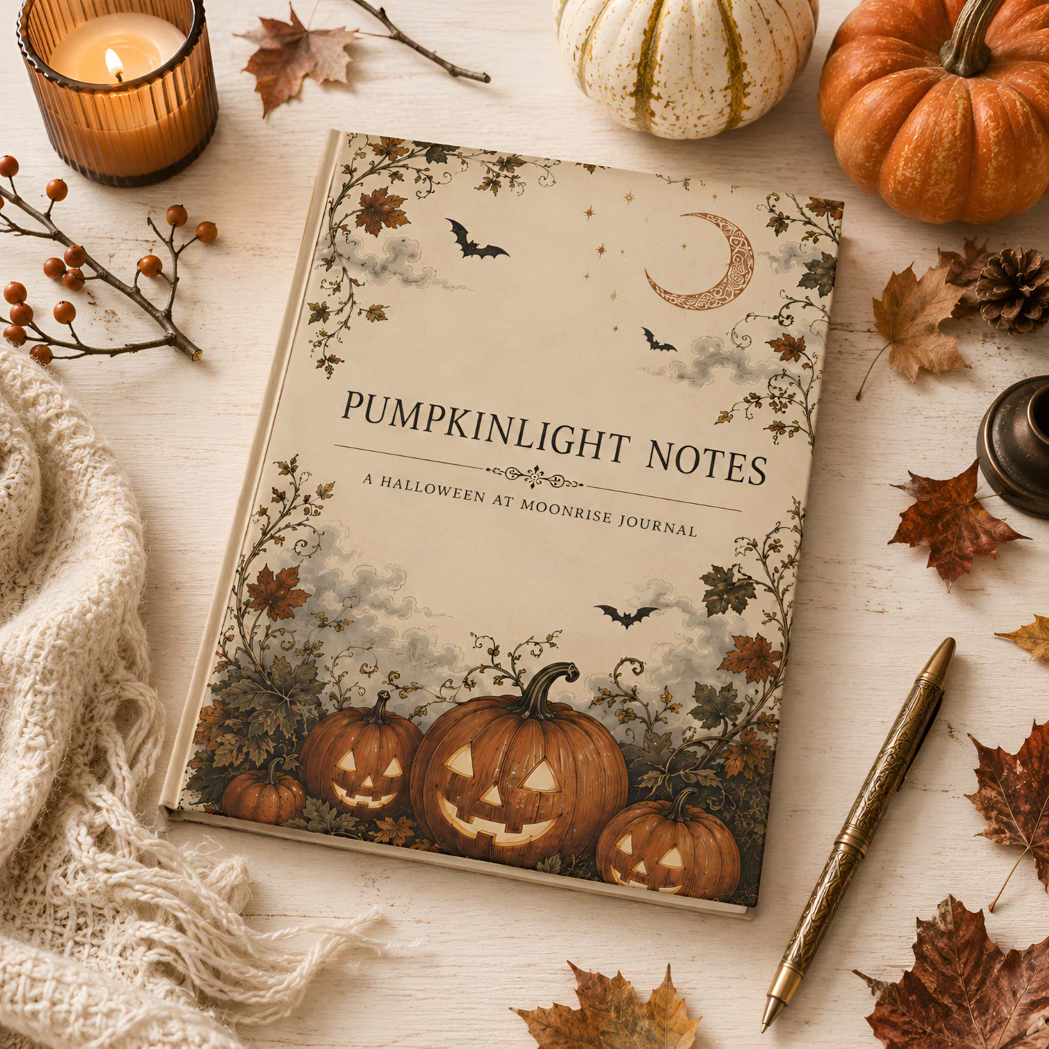 A styled flat-lay of a journal titled 'PUMPKINLIGHT NOTES' on a light wood surface, surrounded by autumn props including pumpkins, leaves, a candle, a pen, and a knit blanket.