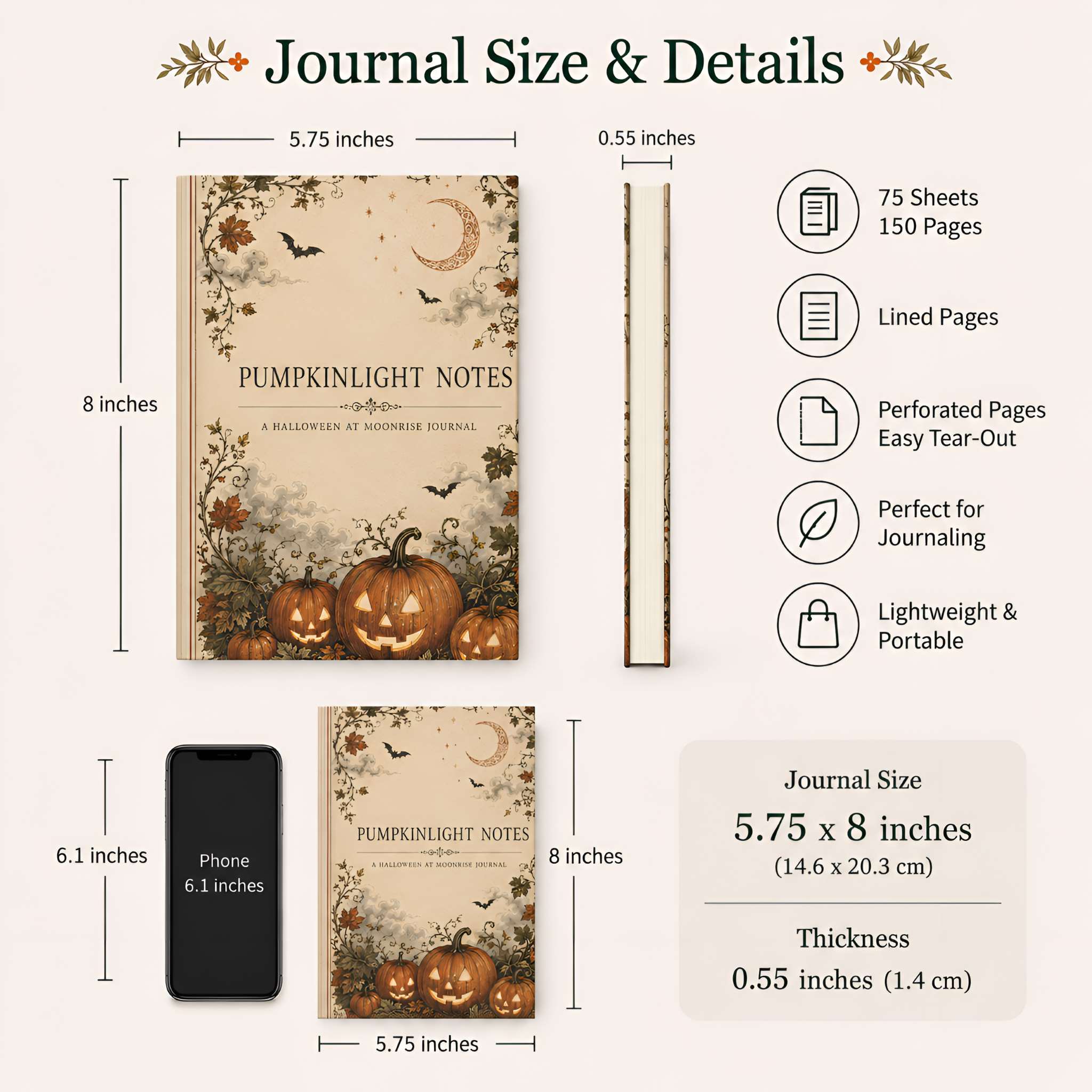 A product information graphic for a journal titled 'Pumpkinlight Notes' showing its dimensions, page count, and features. The journal cover has a warm beige background with illustrations of carved pumpkins, a crescent moon, and autumn foliage.