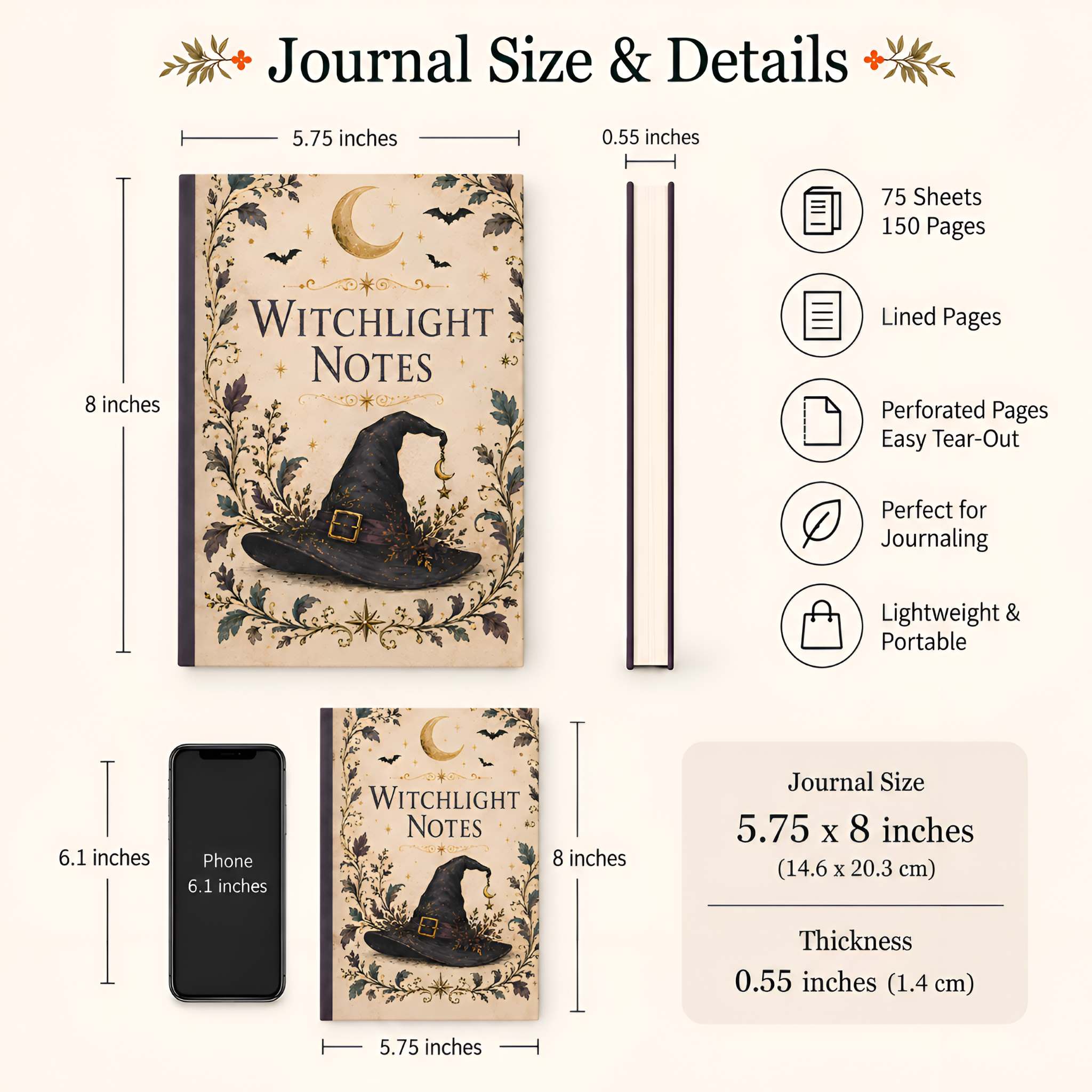 A product information graphic showing the dimensions and details of a 'Witchlight Notes' journal. The journal cover features a vintage-style illustration of a witch's hat, a crescent moon, and bats on a beige background with black floral details.