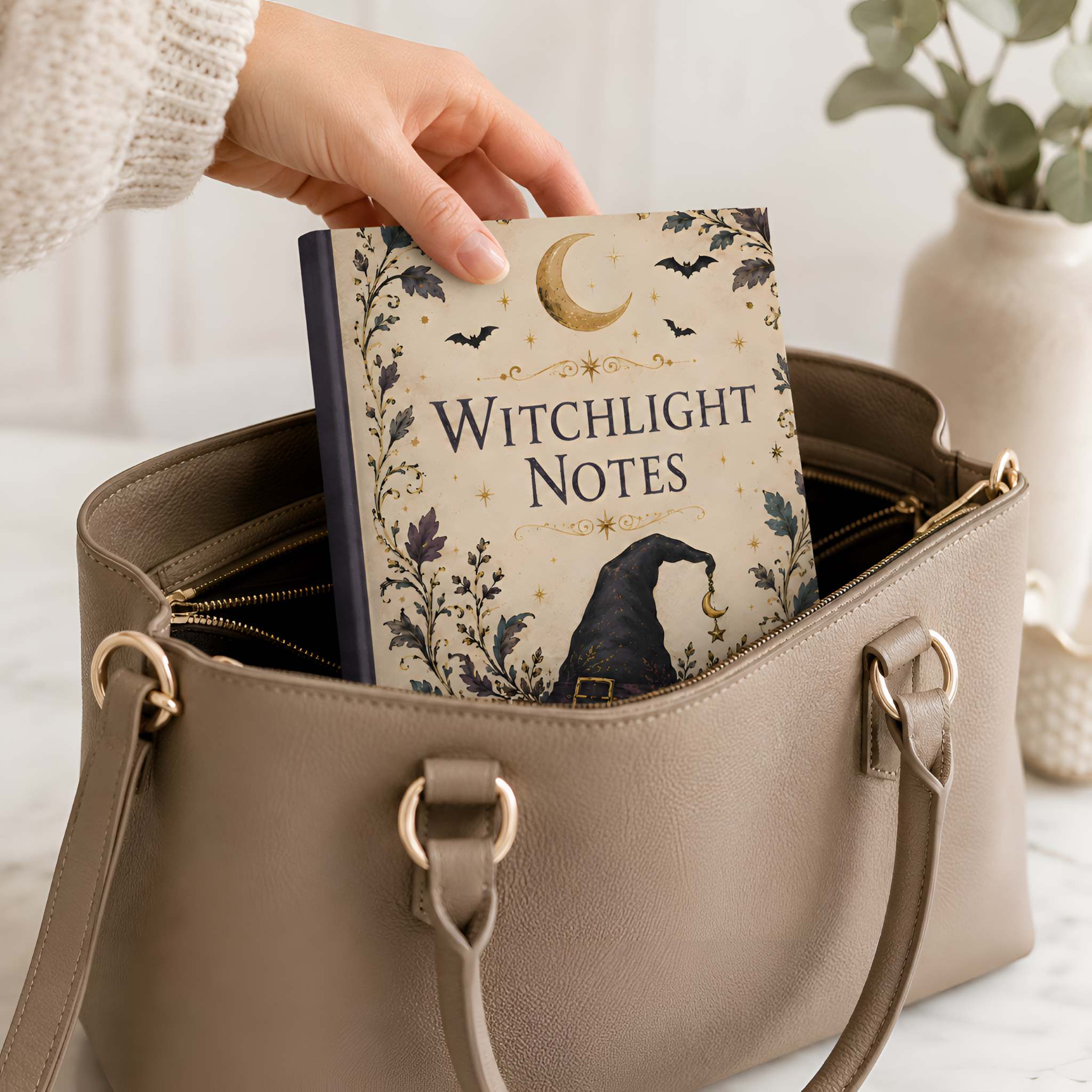 A woman placing a Halloween notebook labeled “Witchlight Notes” into a taupe leather handbag, with a cozy neutral background and a vase of greenery in the distance.