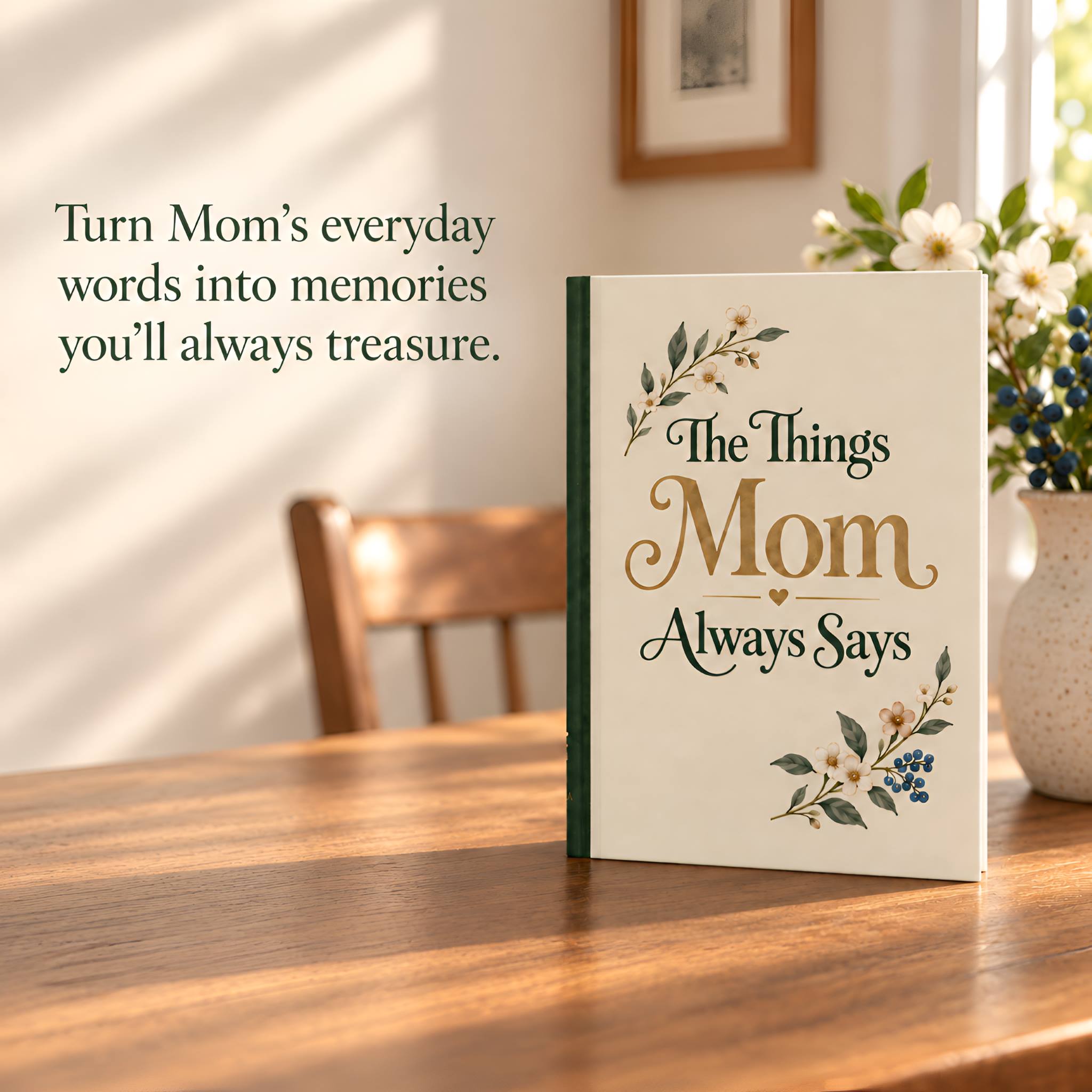 A personalized keepsake journal titled 'The Things Mom Always Says' stands on a wooden table in a warm, sunlit room. The journal cover is cream with green and gold lettering and delicate floral illustrations.