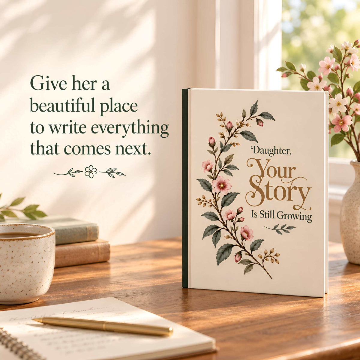 A floral journal gift for daughter standing open on a wooden table in a sunlit room, with the cover reading “Daughter, Your Story Is Still Growing.” Decorative flowers, a mug, books, and a notebook are around it.