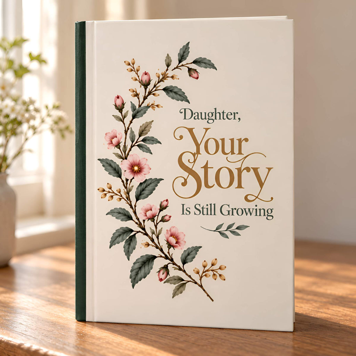 A hardcover journal for your daughter standing upright on a wooden table in a softly lit room. The cover is cream-colored with a botanical floral illustration in green, pink, and gold, and the text reads, 'Daughter, Your Story Is Still Growing.