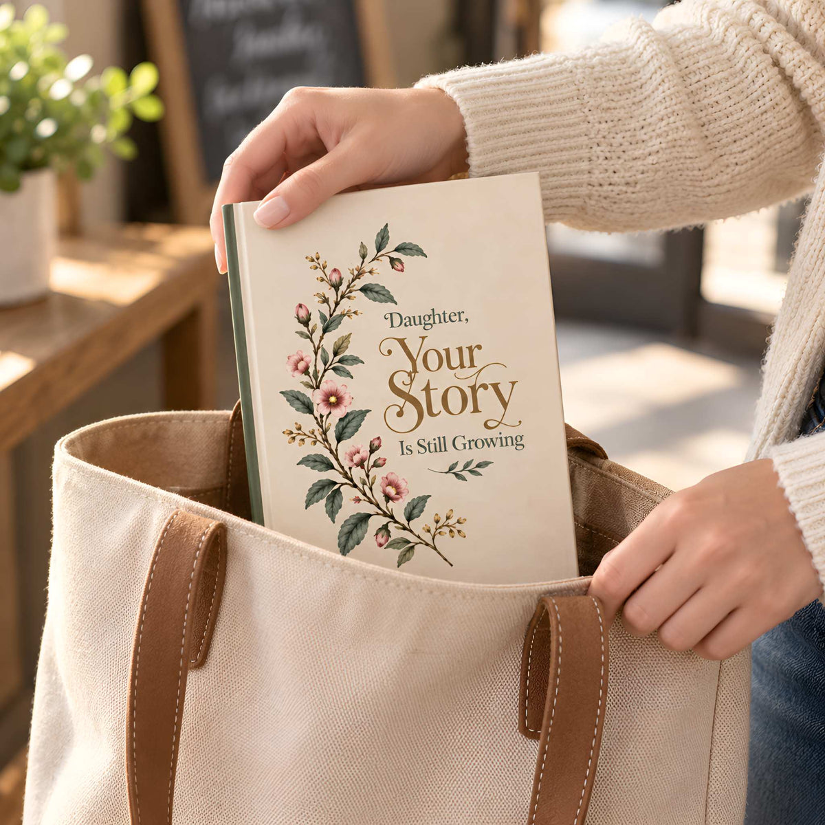 A person in a cream knit sweater places a floral book into a large beige canvas tote bag with brown handles in a warm indoor setting.