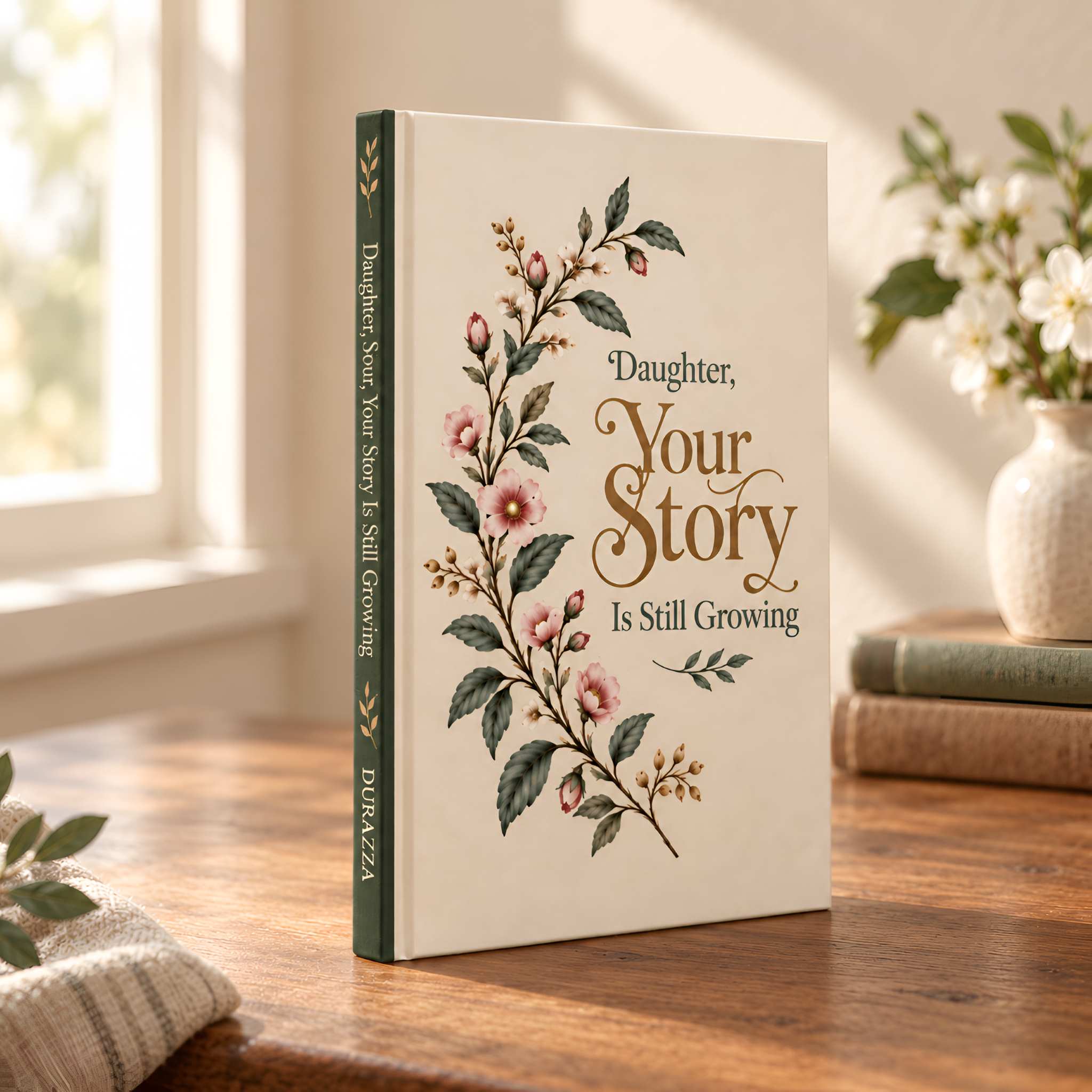 A hardcover journal titled "Daughter, Your Story Is Still Growing" stands upright on a wooden table in a sunlit room. The cover is cream with a botanical floral illustration in green, pink, and brown, and the spine is dark green with gold text.