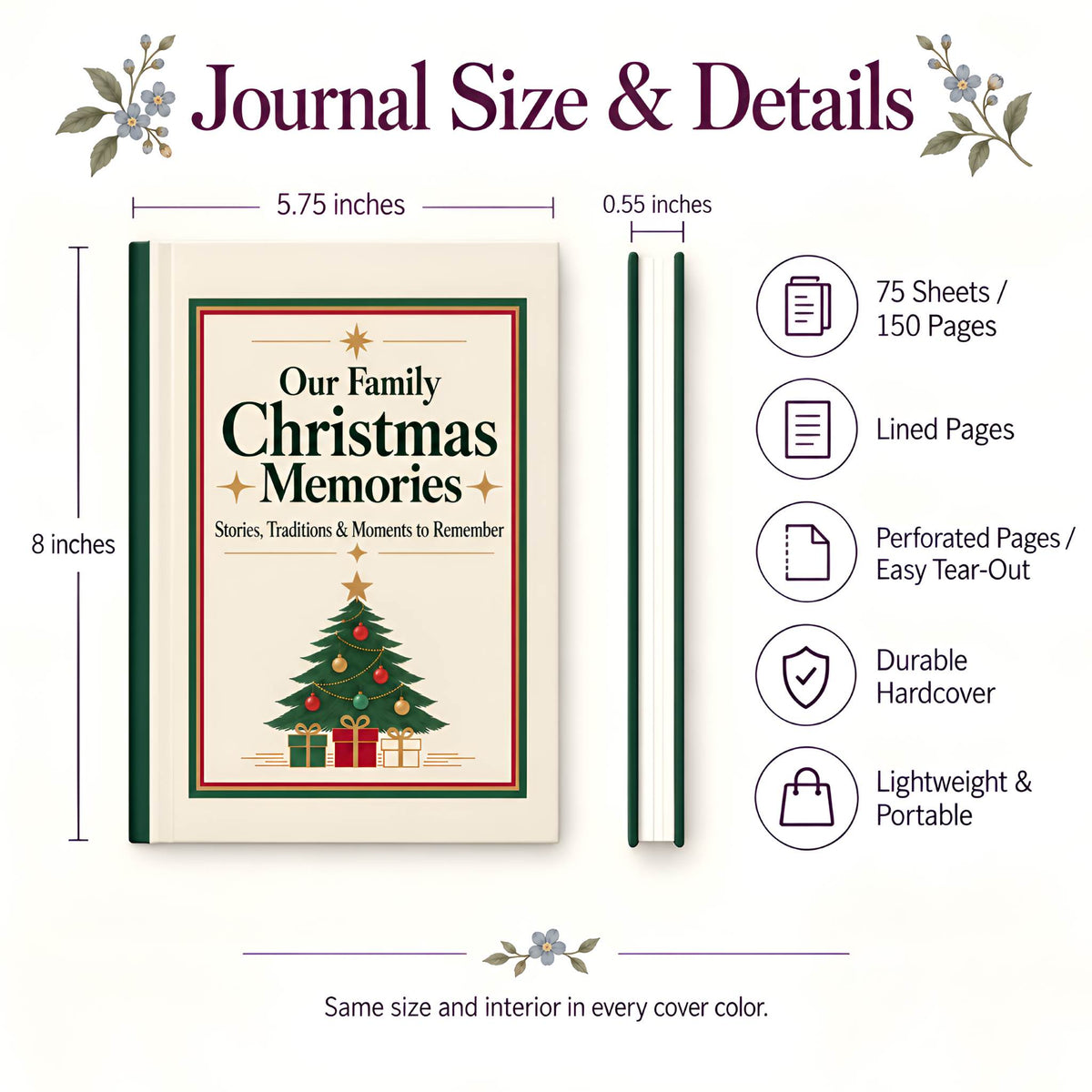 A product infographic showing the dimensions and details of a hardcover journal. The journal cover is cream with a green and red border and a Christmas tree illustration.