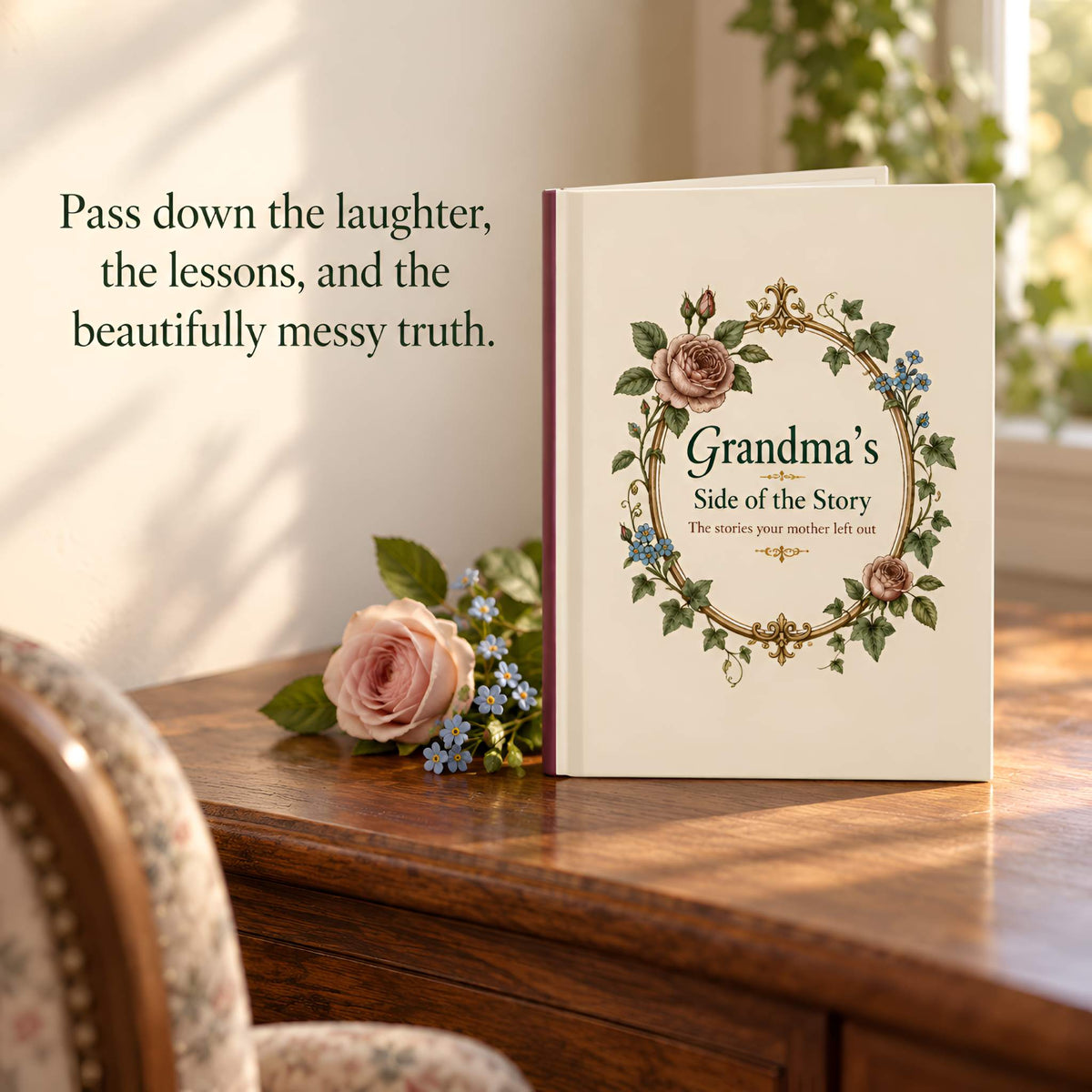 A grandma journal stands open on a wooden table in a sunlit room, with a cream cover decorated by a floral wreath illustration. Words that say Pass down the laughter, the lessons and the beautifully messy truth.