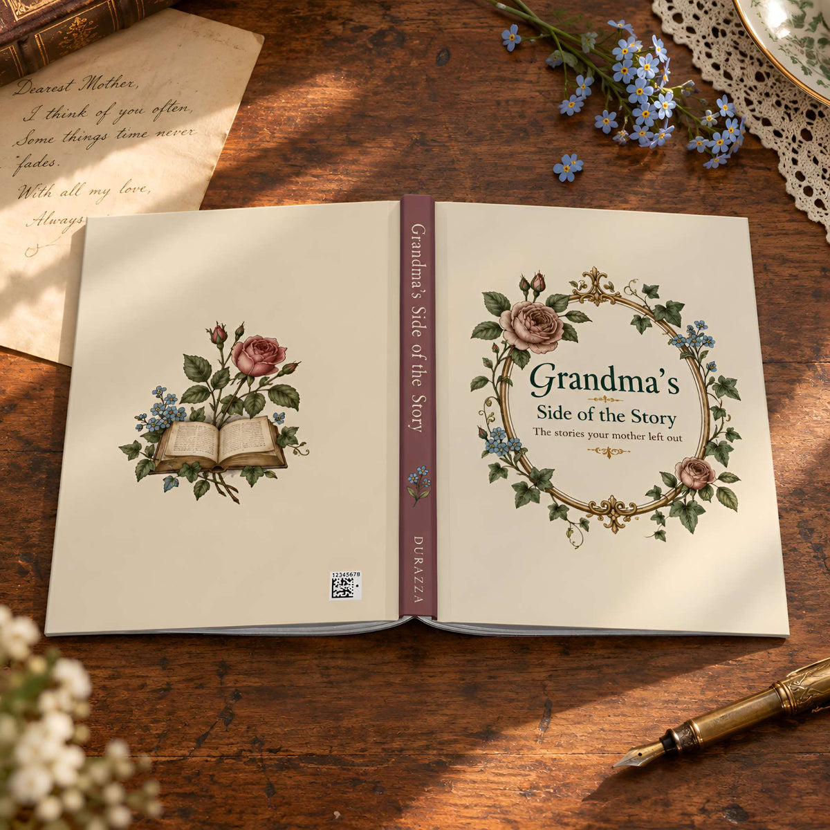 An open personalized hardcover writing journal titled 'Grandma's Side of the Story' displayed on a rustic wooden table, surrounded by vintage-style props including a pen, a handwritten note, and small blue flowers.