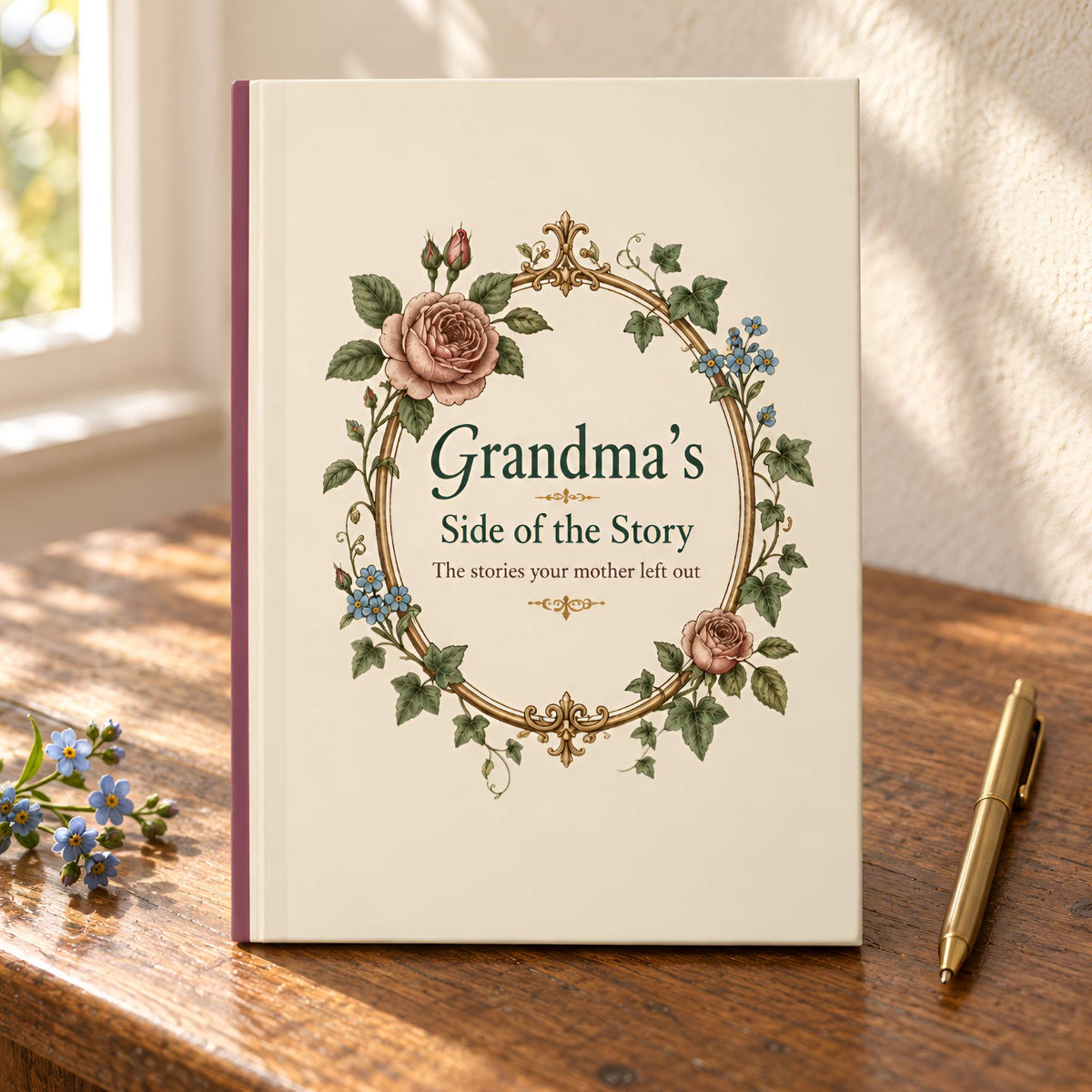 A hardcover book titled "Grandma's Side of the Story" stands open on a wooden table, surrounded by a floral wreath illustration and small blue flowers.
