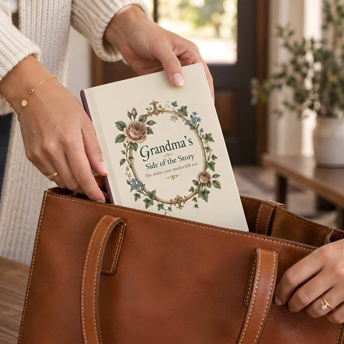 A woman's hands holding a journal gift for grandma next to a brown leather tote bag in a warm, indoor setting.