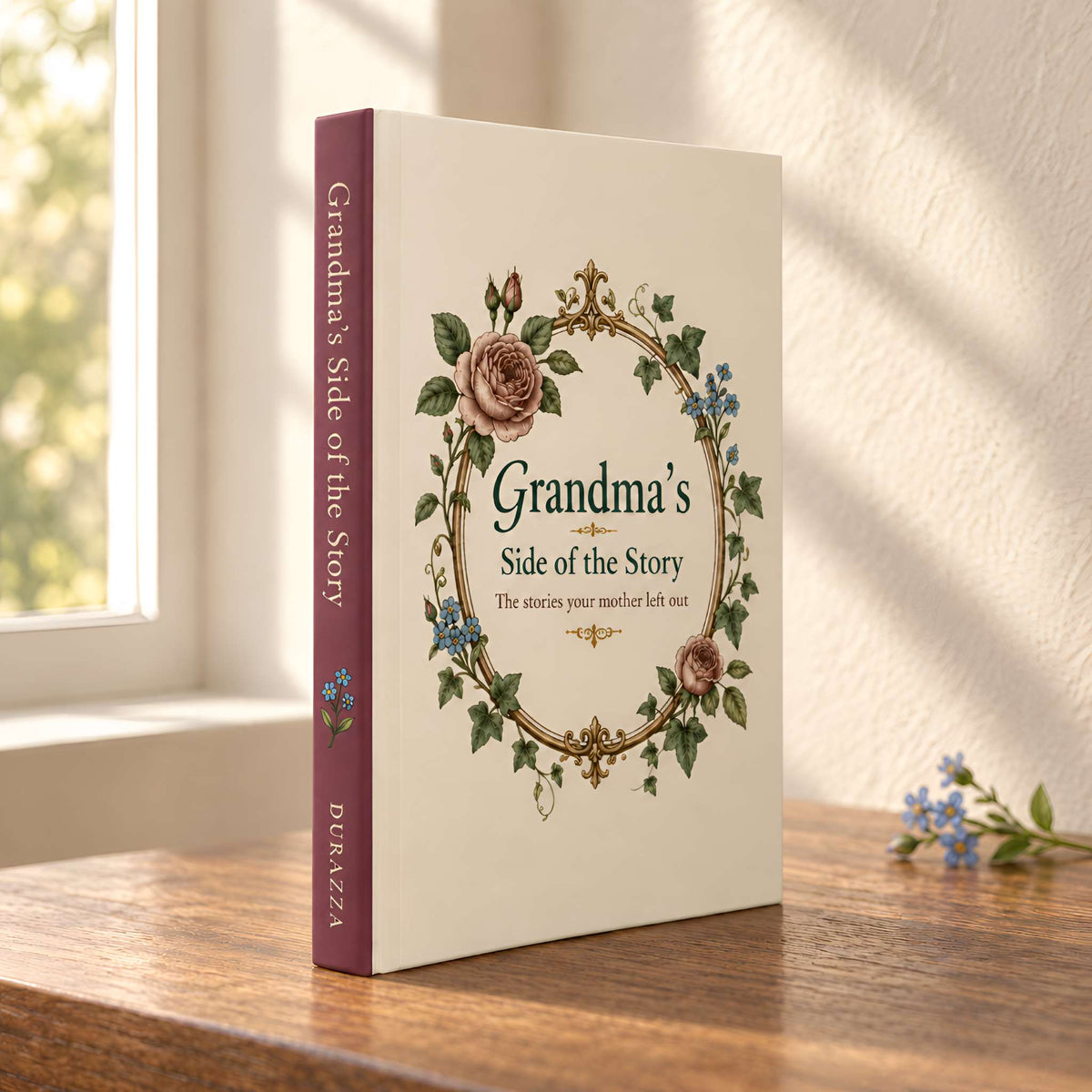 A hardcover journal showing the rose-plum spine with the words "Grandma's Side of the Story" stands open on a wooden table near a window. The cover is cream with a floral wreath illustration and the title in dark green and gold.
