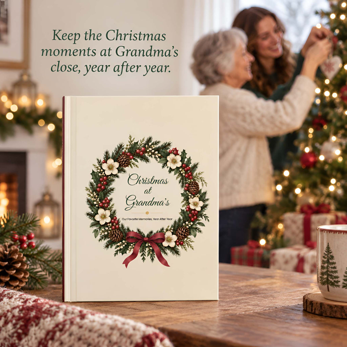 A personalized Christmas memory book titled 'Christmas at Grandma's' with a festive wreath cover design, displayed on a wooden table in a cozy, warmly lit holiday home with two women smiling in the background near a Christmas tree.