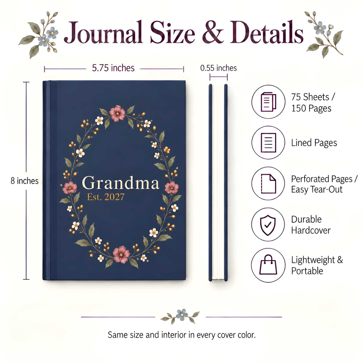 Grandma Est. 2027 Hardcover Journal Gift Floral Wreath