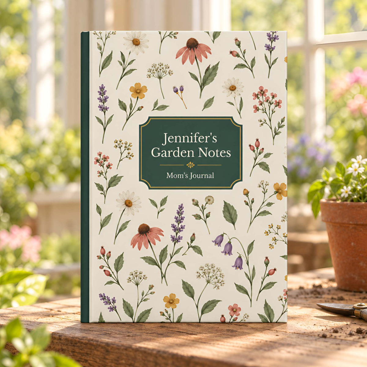A floral garden-themed journal titled 'Jennifer's Garden Notes' standing on a wooden table in a sunlit garden setting. The cover features an off-white background with illustrated wildflowers, green leaves, and a dark green central label.