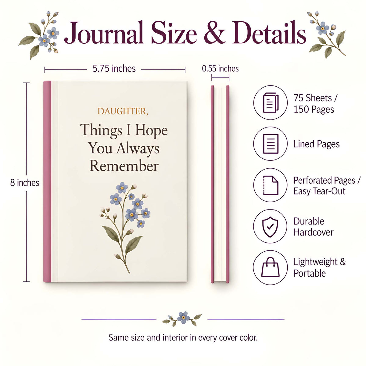 A product infographic showing a hardcover journal with dimensions labeled as 8 inches by 5.75 inches, alongside feature callouts for 150 lined pages, tear-out perforation, durability, and portability.