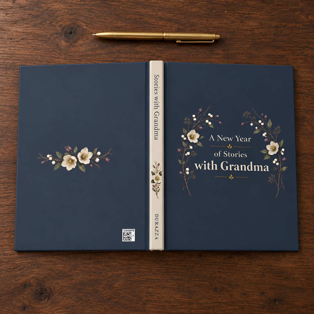 A hardcover journal titled 'Stories with Grandma: A New Year of Stories with Grandma' by Diverza, displayed open on a dark wood background with a gold pen above it. 