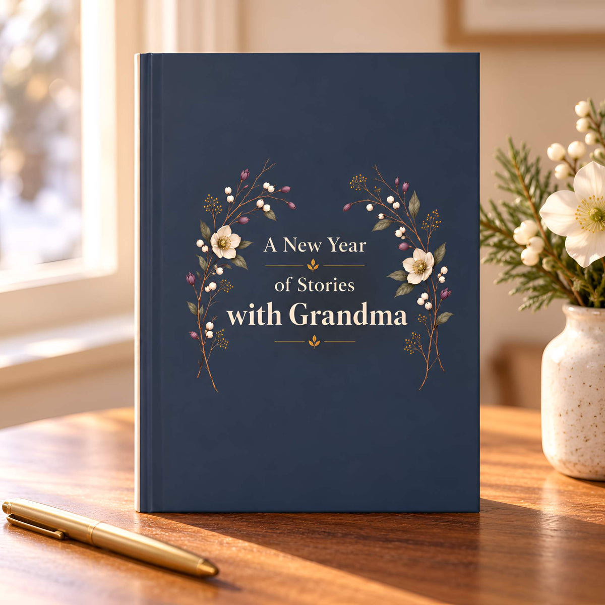 A navy blue hardcover journal standing upright on a wooden table, decorated with a floral wreath and the text 'A New Year of Stories with Grandma.' 