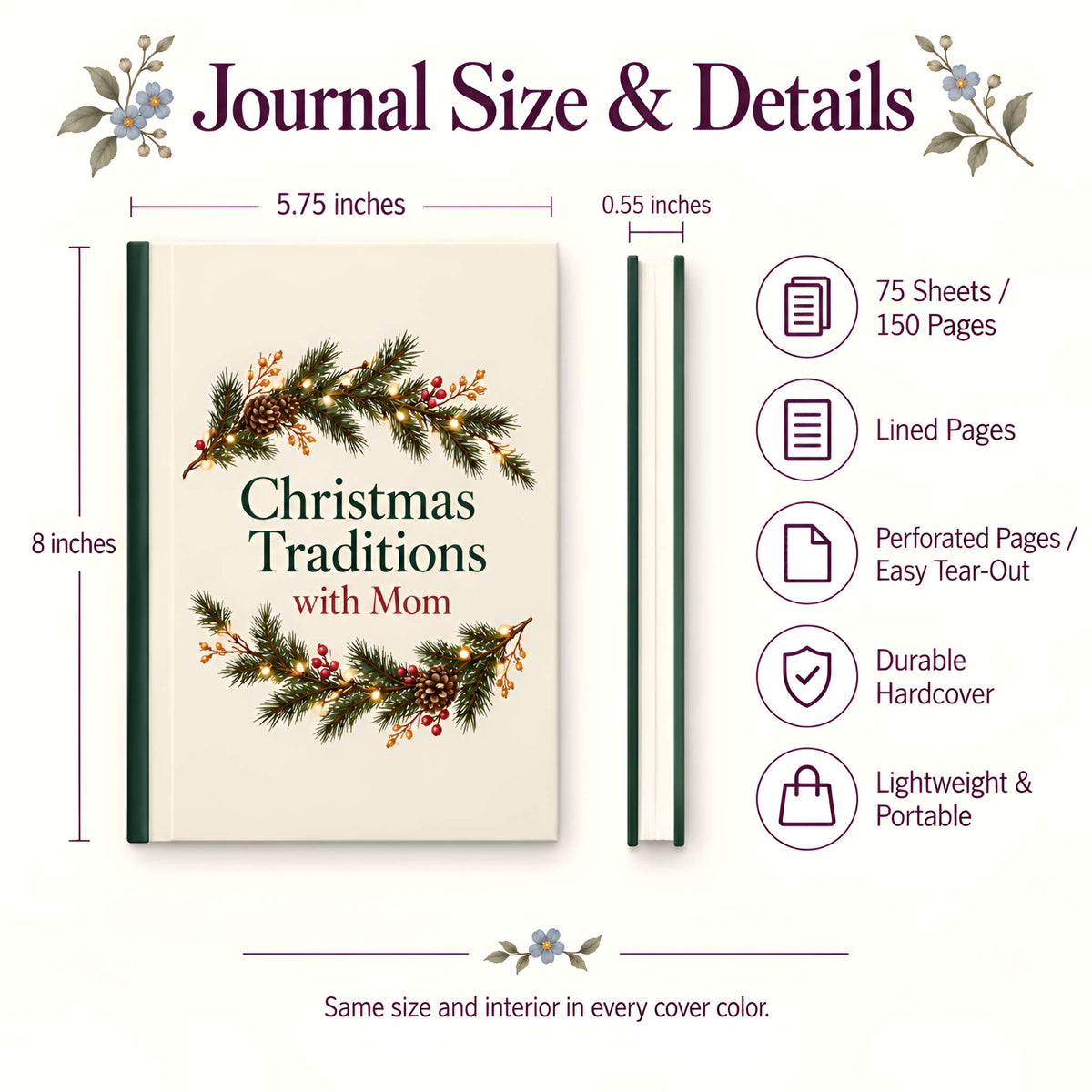 Product infographic for a hardcover journal titled "Christmas Traditions with Mom," showing the front cover, spine, and dimensions. The cover is cream with green and red floral garland artwork and dark green text.