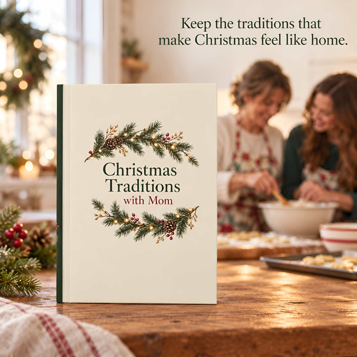 A hardcover journal titled 'Christmas Traditions with Mom' stands open on a wooden table in a warm, festive kitchen setting. Two women in the background are baking, and holiday decorations, including a Christmas tree and greenery.