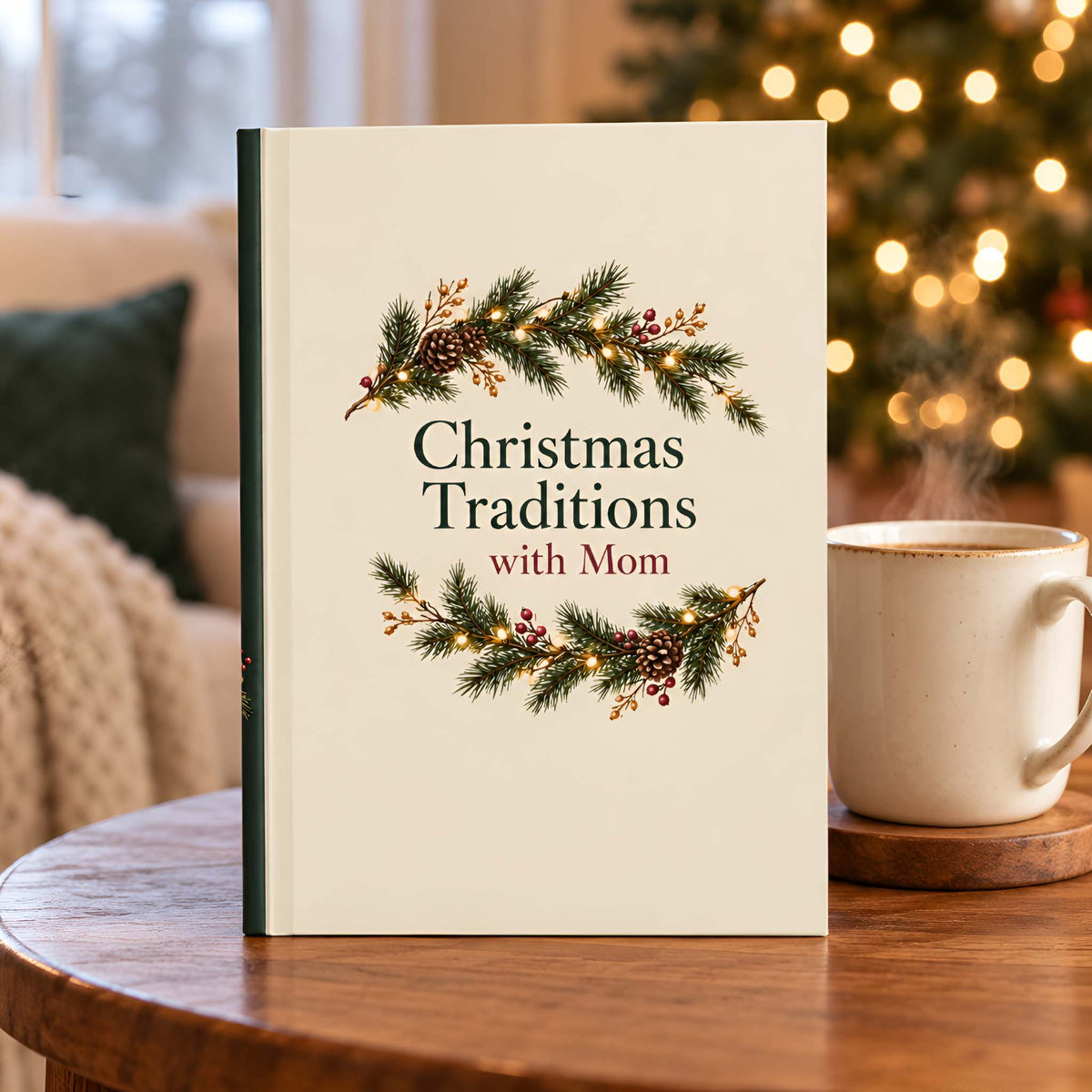 A hardcover journal titled 'Christmas Traditions with Mom' stands upright on a wooden table in a cozy living room setting. The cover is cream-colored with green pine garlands, brown pinecones, and red text.