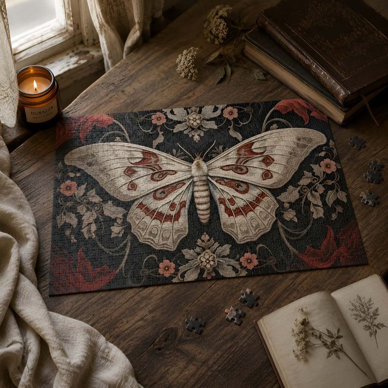 Jigsaw puzzle collection with a moody moth puzzle on a wooden table, candlelight, books, and cozy Durazza styling.