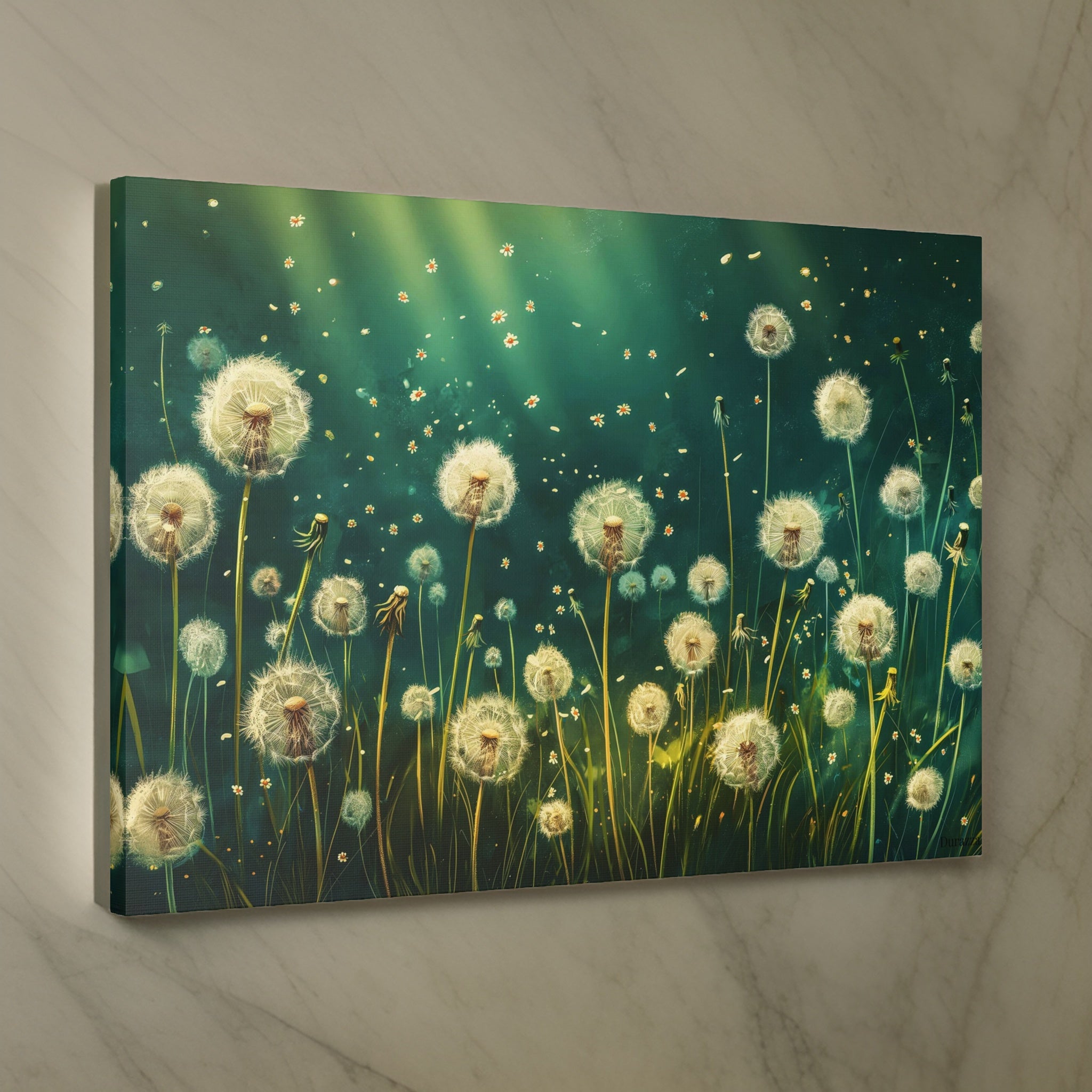 Magical Dandelion Artwork: White Flowers on a Serene Teal Backdrop