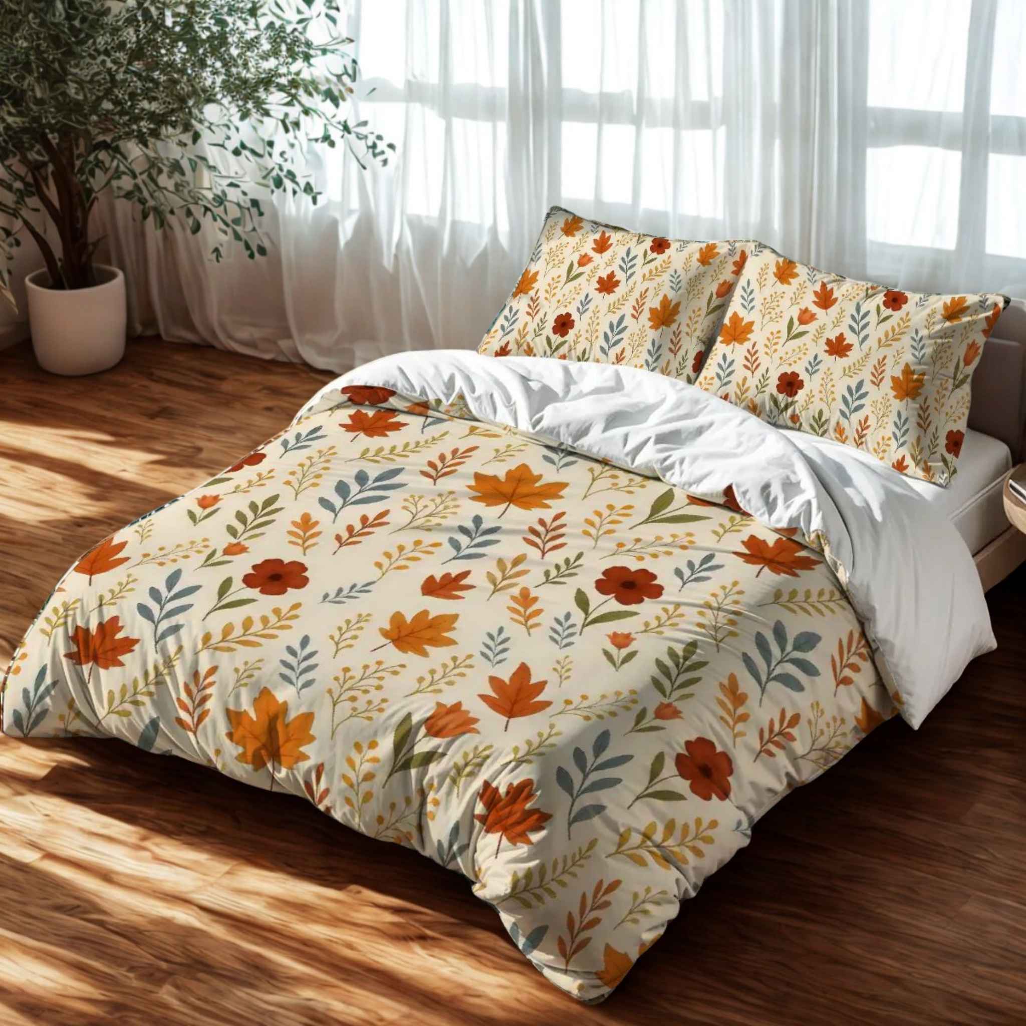 Bed with leaf patterned bedding and pillows in a bright room.