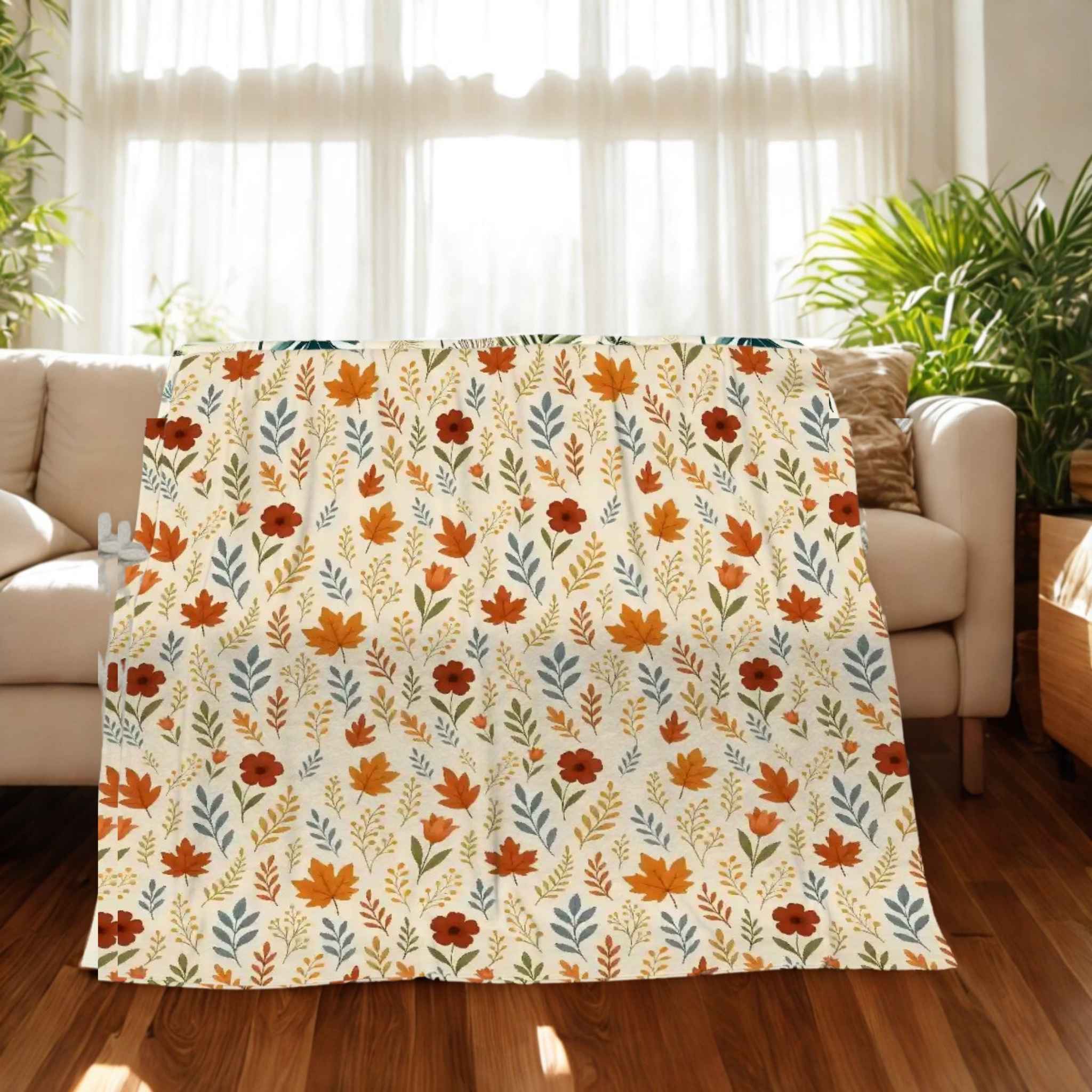 Leaf patterned blanket draped over a couch in an Autumn living room.