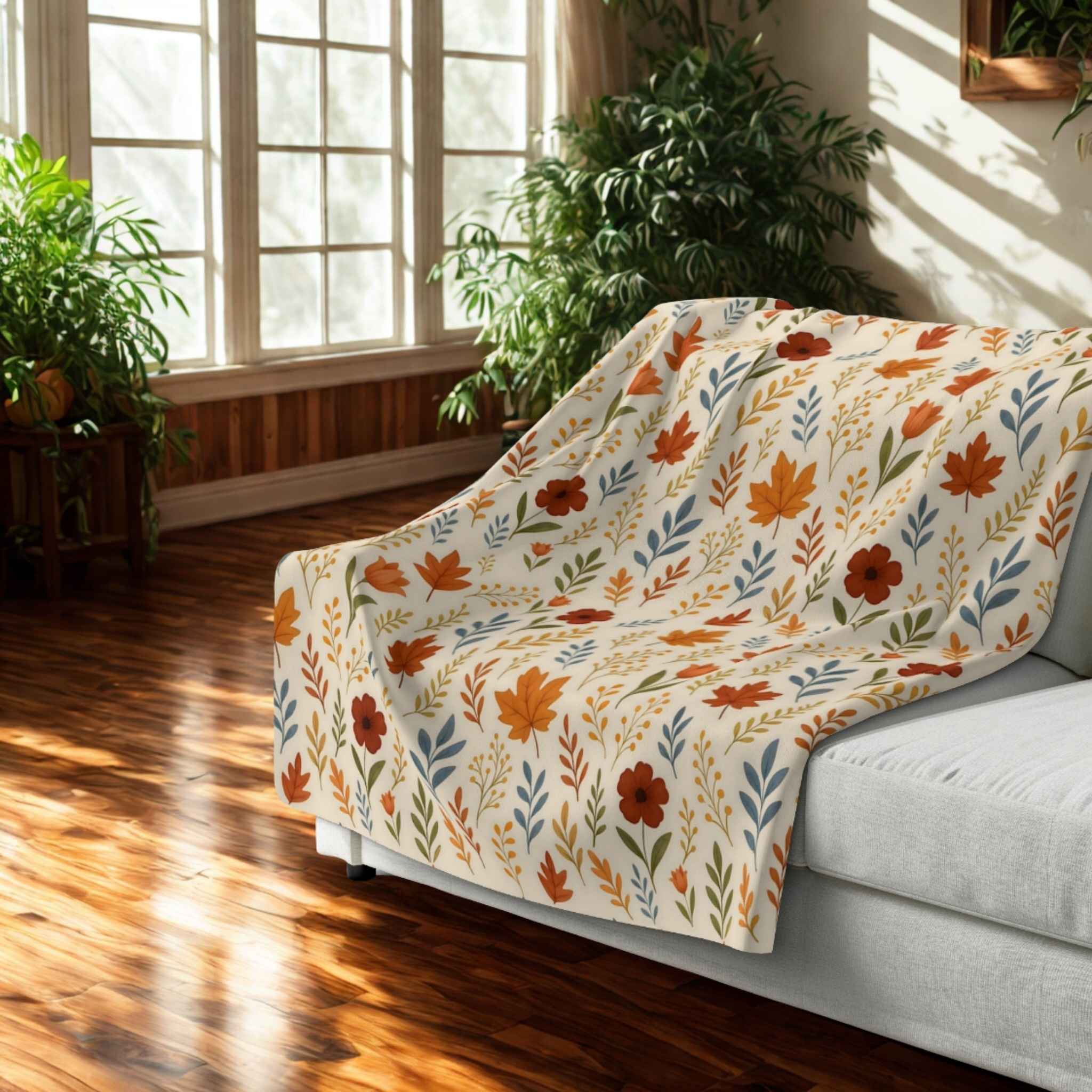 Decorative blanket with autumn leaf pattern draped over a sofa in a sunlit room.