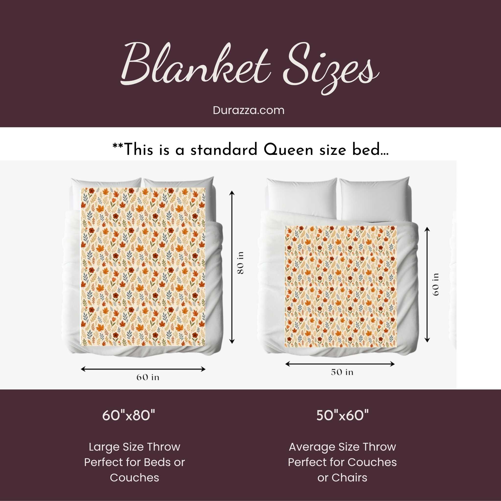 Blanket size chart with Durazza.com branding, showing standard Queen size bed dimensions and blanket sizes.