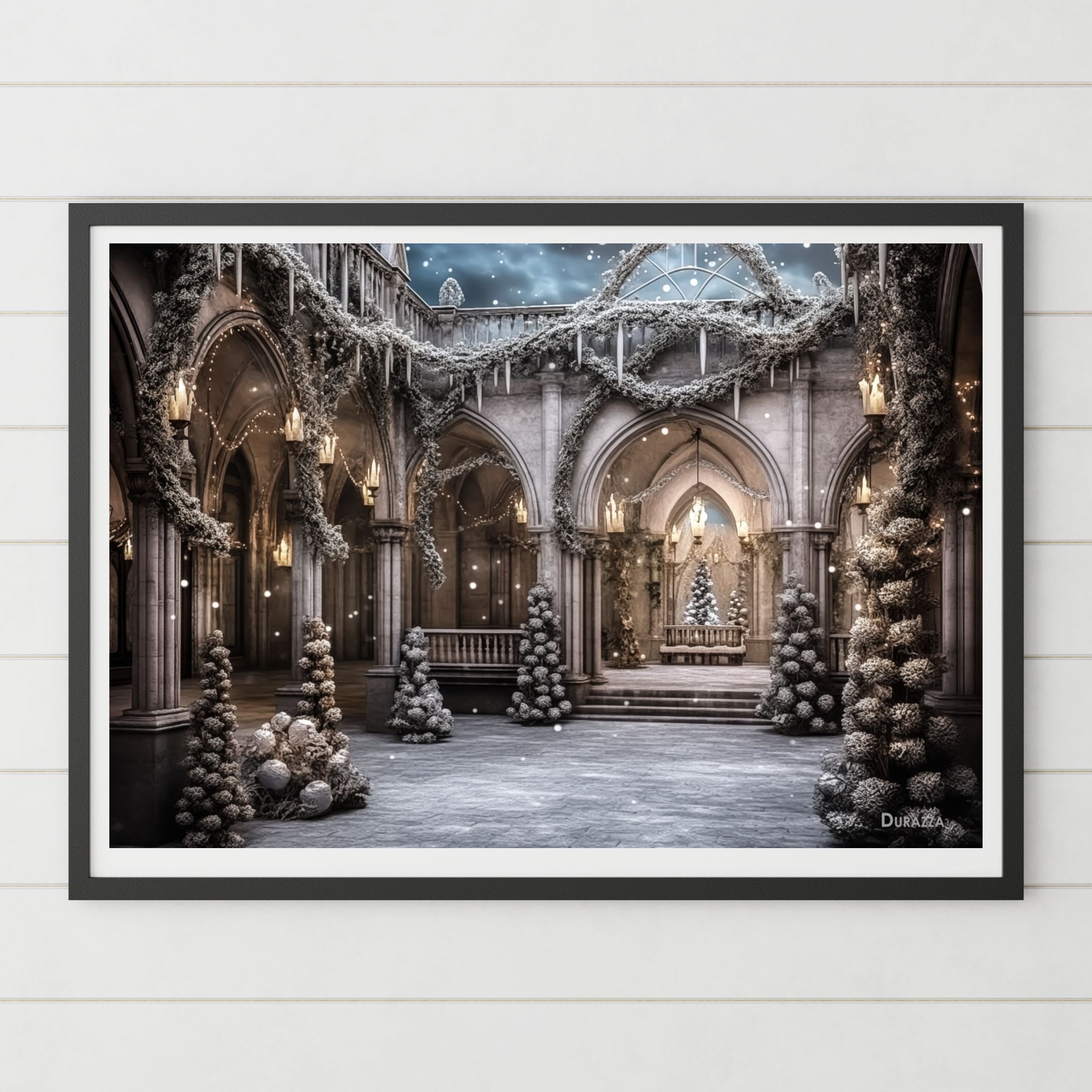 White Medieval Courtyard Satin Art Print