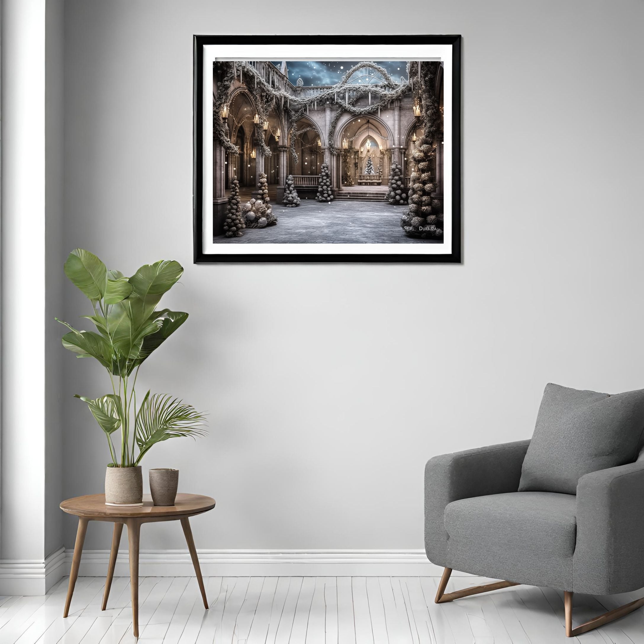 White Medieval Courtyard Satin Art Print