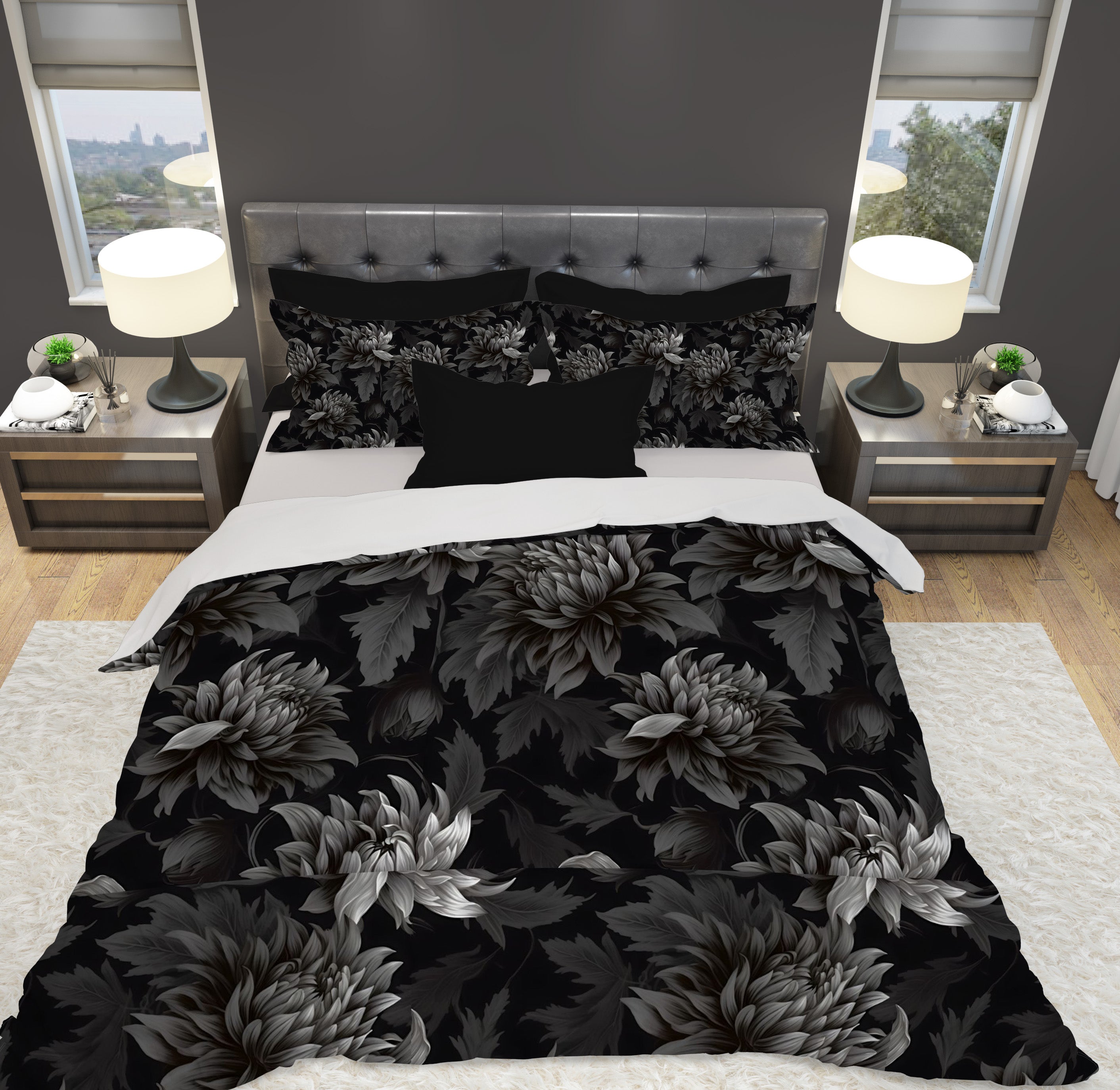 Midnight Black Dahlia Floral Duvet Cover with Pillow Shams, Microfiber