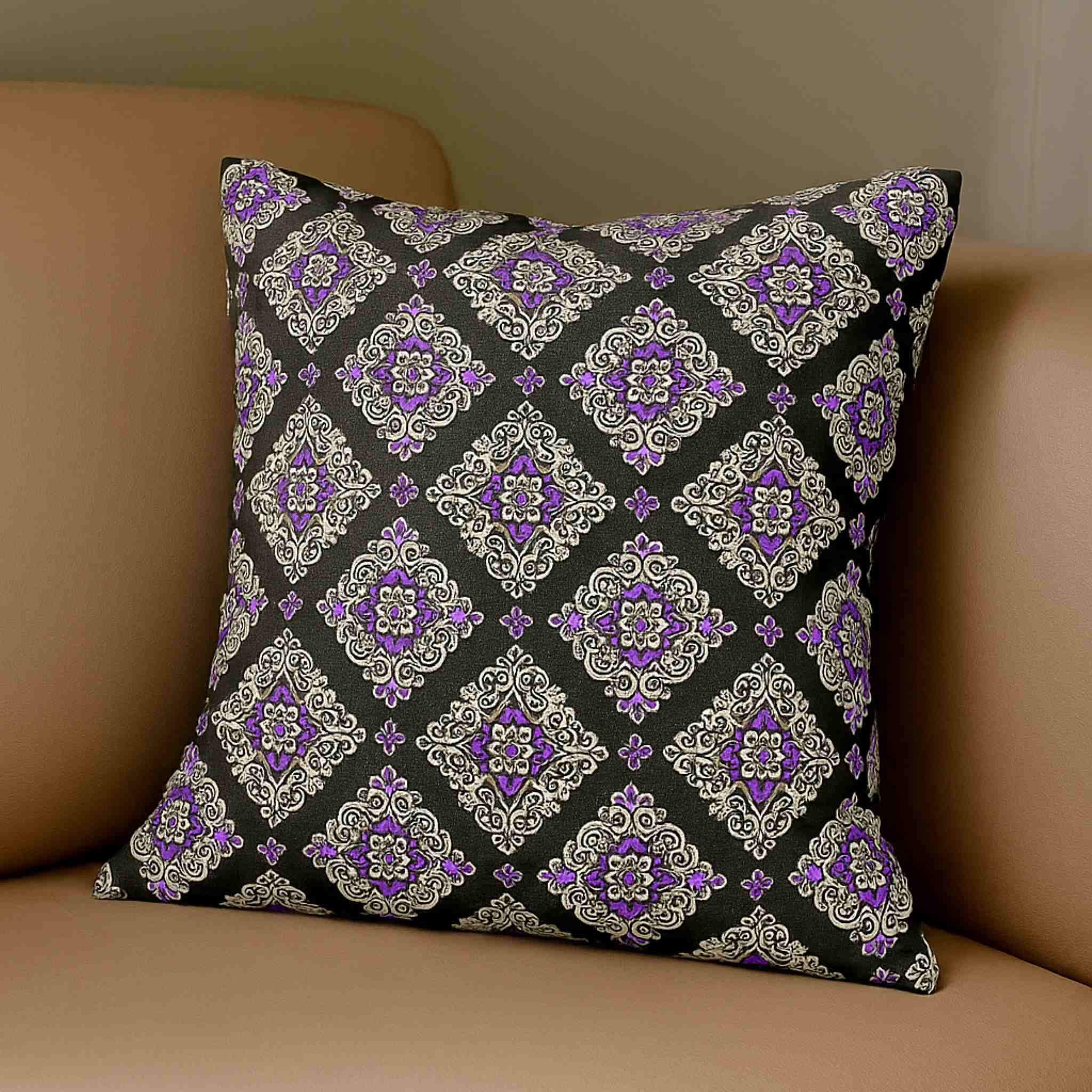 Damask Throw Pillow – Purple and White Decor | Midnight Majesty