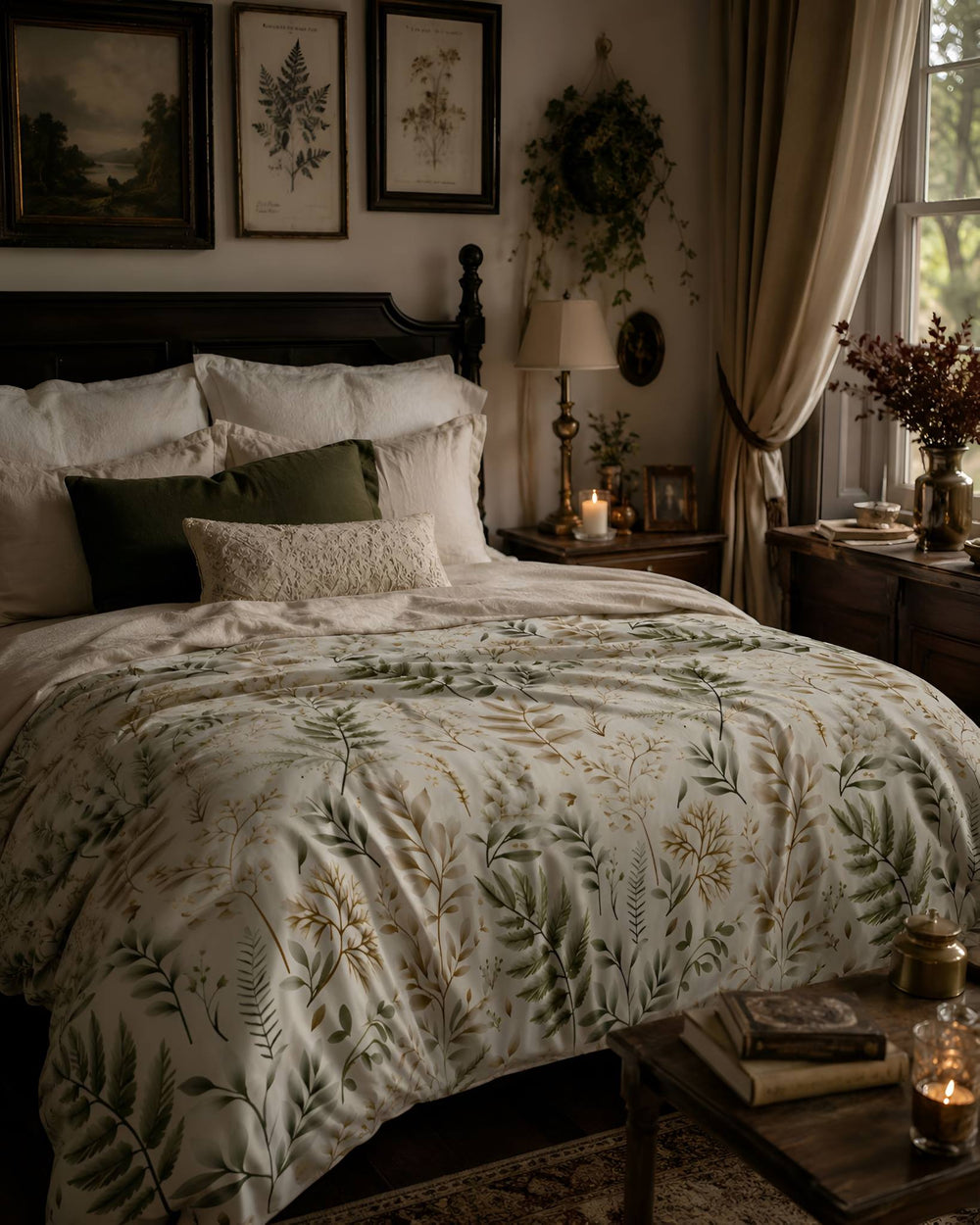 Botanical cotton sateen duvet cover styled in a warmly layered cottage bedroom.