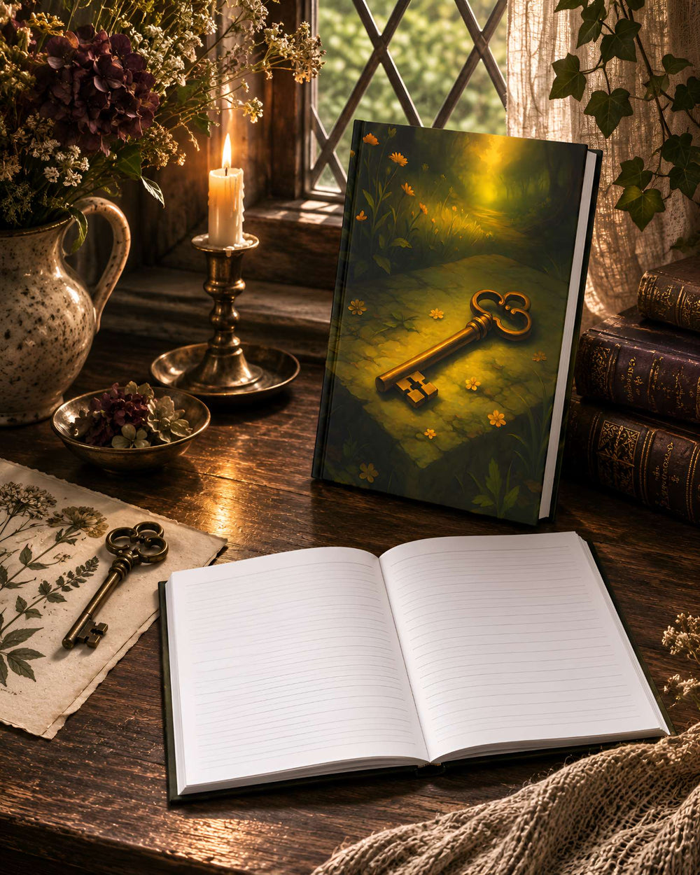 Durazza Secret Key hardcover journal styled beside open lined pages in a dark cottage writing nook.