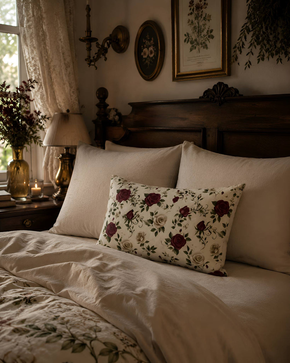 Burgundy and ivory botanical Durazza cotton sateen pillow sham styled with solid neutral pillows.