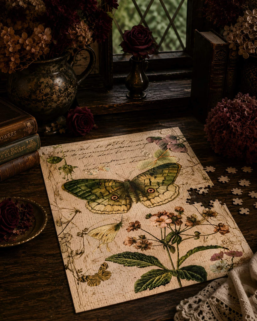 Botanical moth wooden jigsaw puzzle arranged on a dark cottage-style table