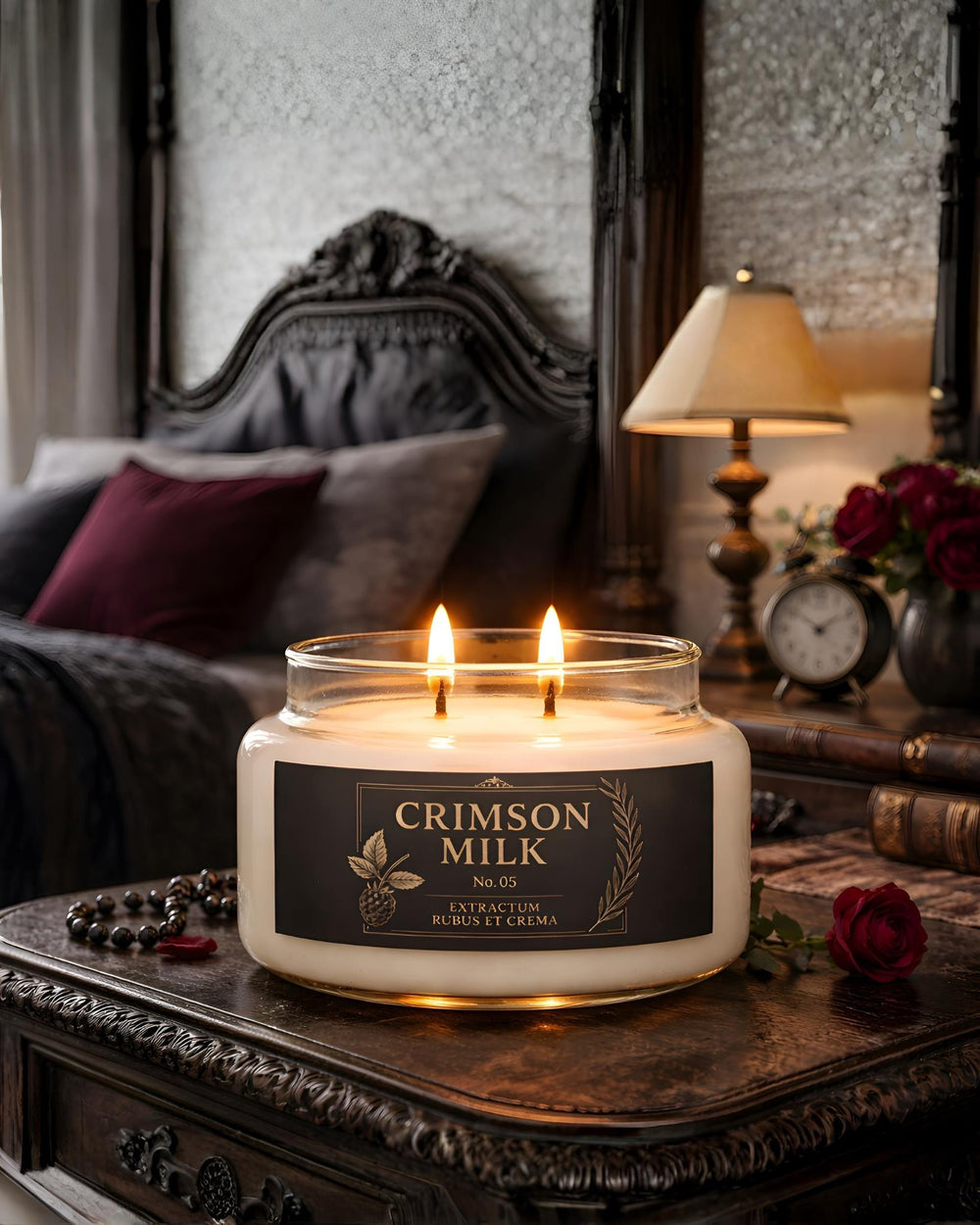 Crimson Milk two-wick Durazza apothecary candle glowing in a warmly styled bedroom