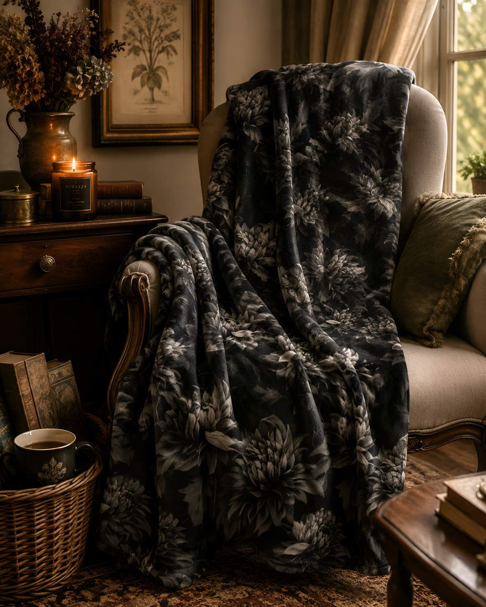 Charcoal floral Durazza throw blanket draped over a classic armchair in a moody cottage room.