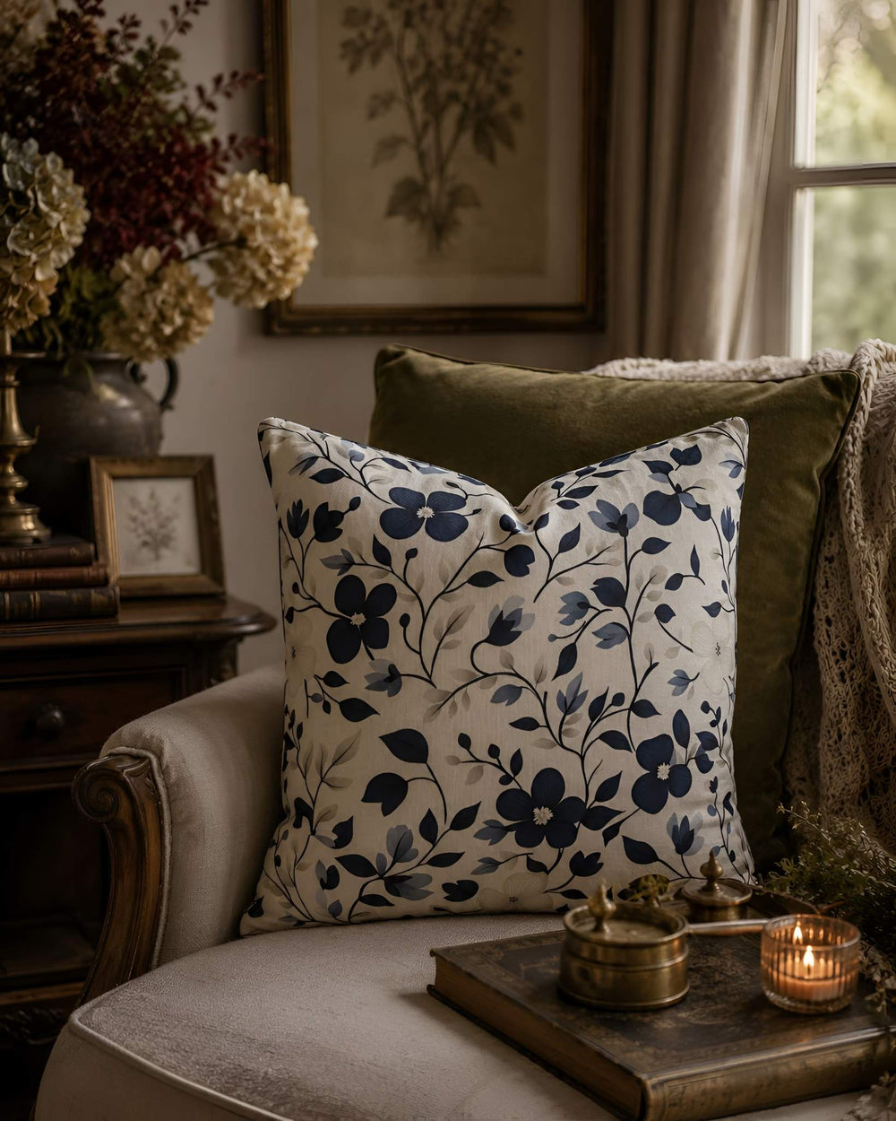 Navy botanical Durazza throw pillow styled on a layered cottage armchair.