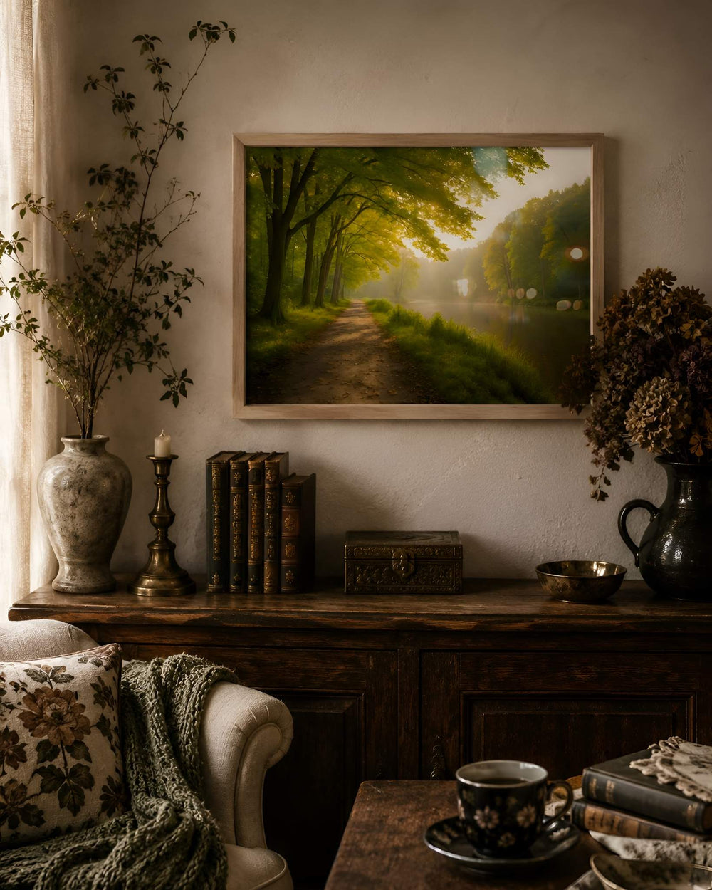 Durazza forest landscape wall art in a natural-wood frame above a dark, cottage-style cabinet.