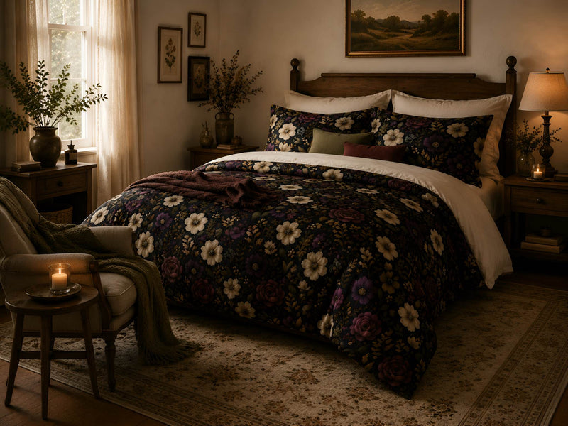 Moody Botanicals bedroom with dark floral bedding, plum flowers, olive greenery, warm candlelight, and antique wood accents.